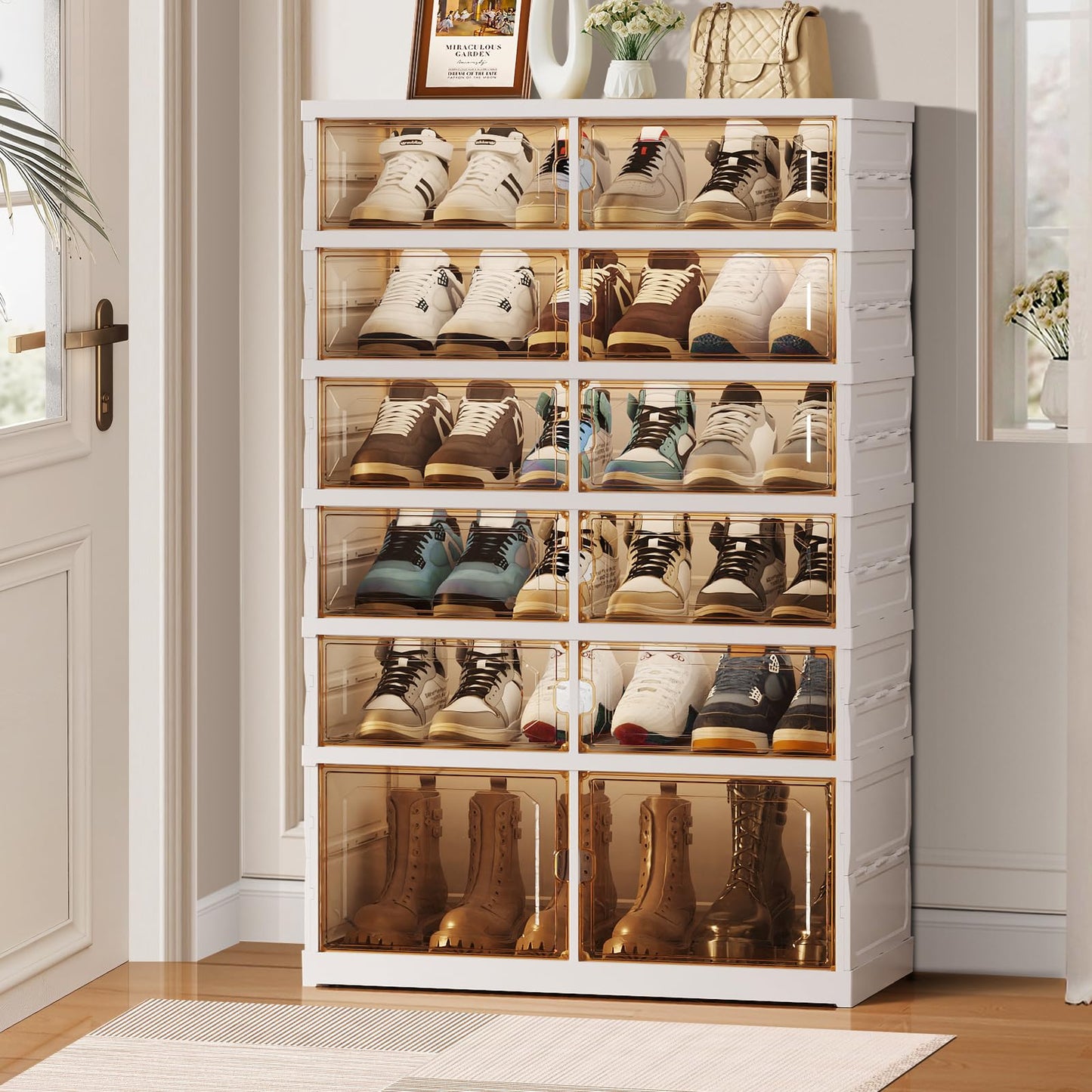 CIMLORD 6-Tier Foldable Shoe Rack Organizer for Closet, 18 Pairs Collapsible Plastic Shoe Shelf, Large Shoes Cabinet with Door, Clear Stackable Storage Box Easy Assembly White