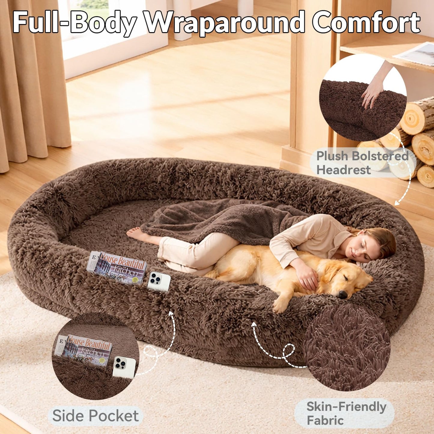 71"x44"x12.5" Human Dog Bed for Adult Faux Fur Washable Human Dog Bed Portable Handle, Egg Orthopedic Foam Human Bed Extra Large Brown