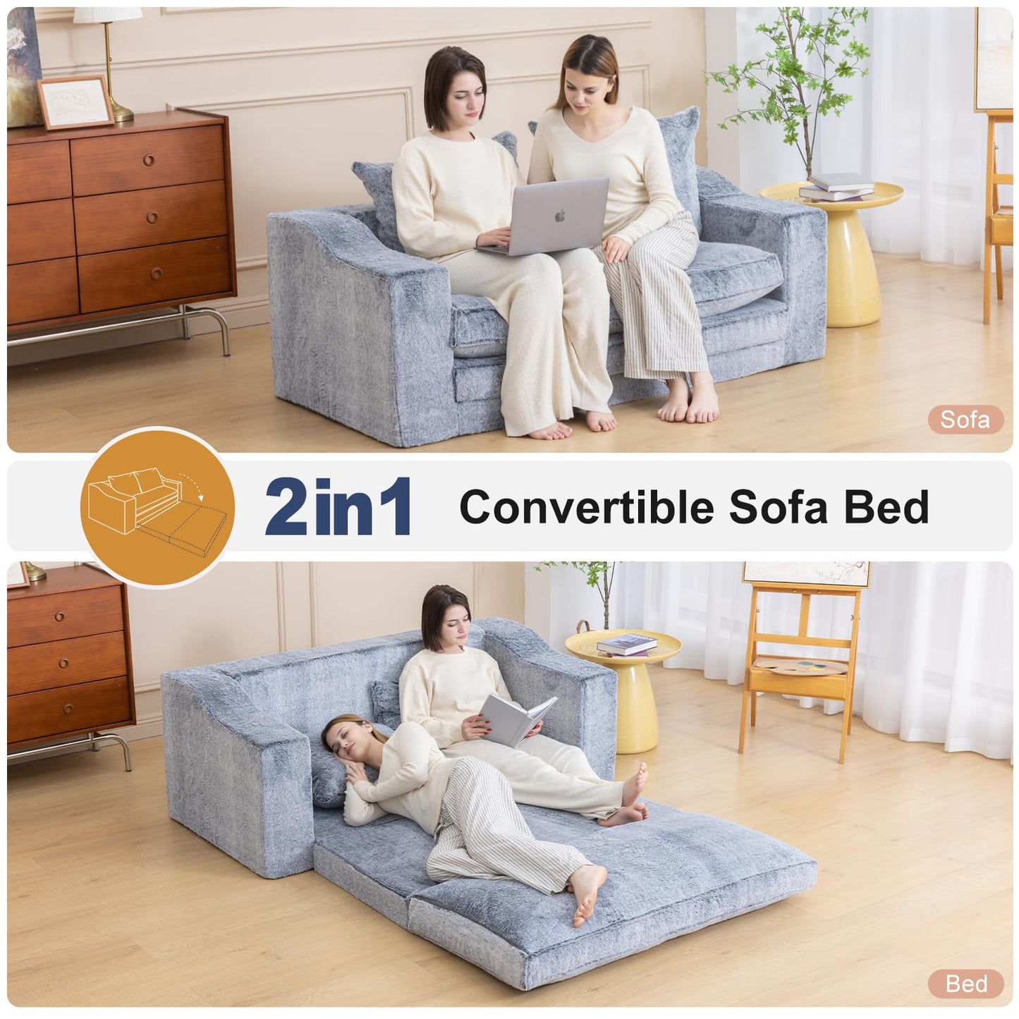 61" Convertible Sofa Bed Loveseat, Memory Foam Boneless Floor Couch with Removable Faux Fur Cover, Tri-folding Compact Full-size Sleeper for Small Living Room, Playroom, Guest Room, RV (White-on-Grey)
