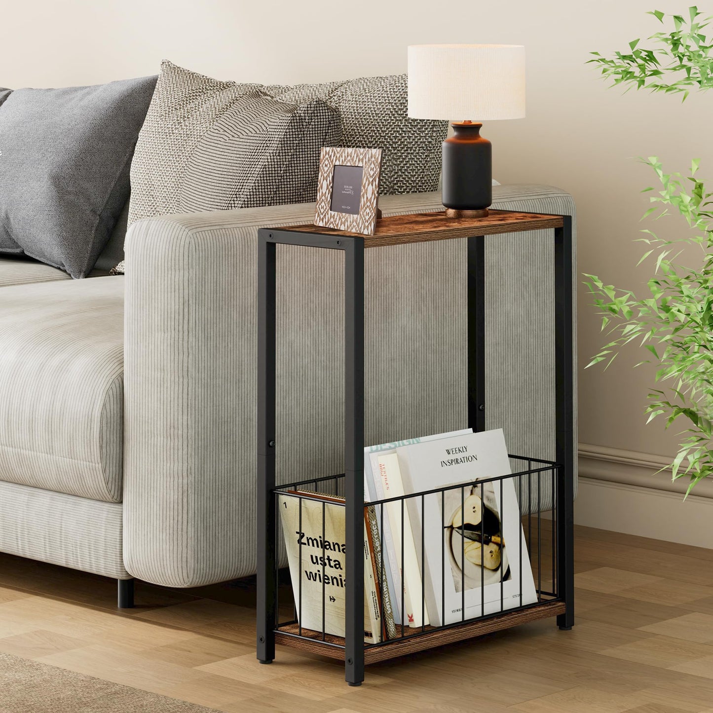 Homleke Narrow Side Table with Magazine Holder, Skinny End Table Perfect for Small Spaces, Space-Saving Design for Living Room, Bedroom, or Office, 7.1" D x 16.9" W x 23.6" H, Rustic Brown