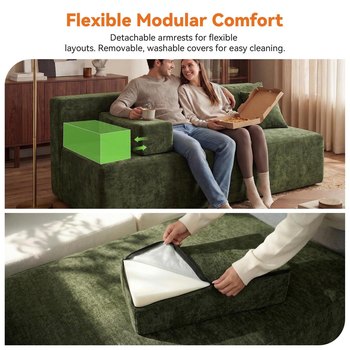 MONVANE 3-Piece Boneless Loveseat Couch Set for Living Room, Oversized Modular Sectional Sofa Set with Removable Armrests, Comfy Chenille Cloud Couch with 12 Pillows, No Assembly Required, Green