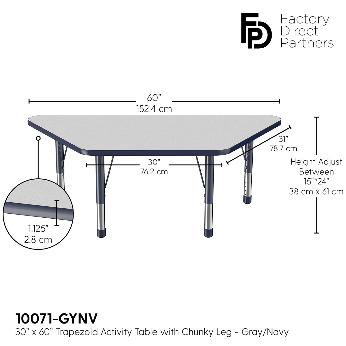 FDP Trapezoid Activity School and Classroom Kids Table (30 x 60 inch), Chunky Toddler Legs for Collaborative Seating Environments, Adjustable Height 15-24 inches - Gray Top and Navy Edge