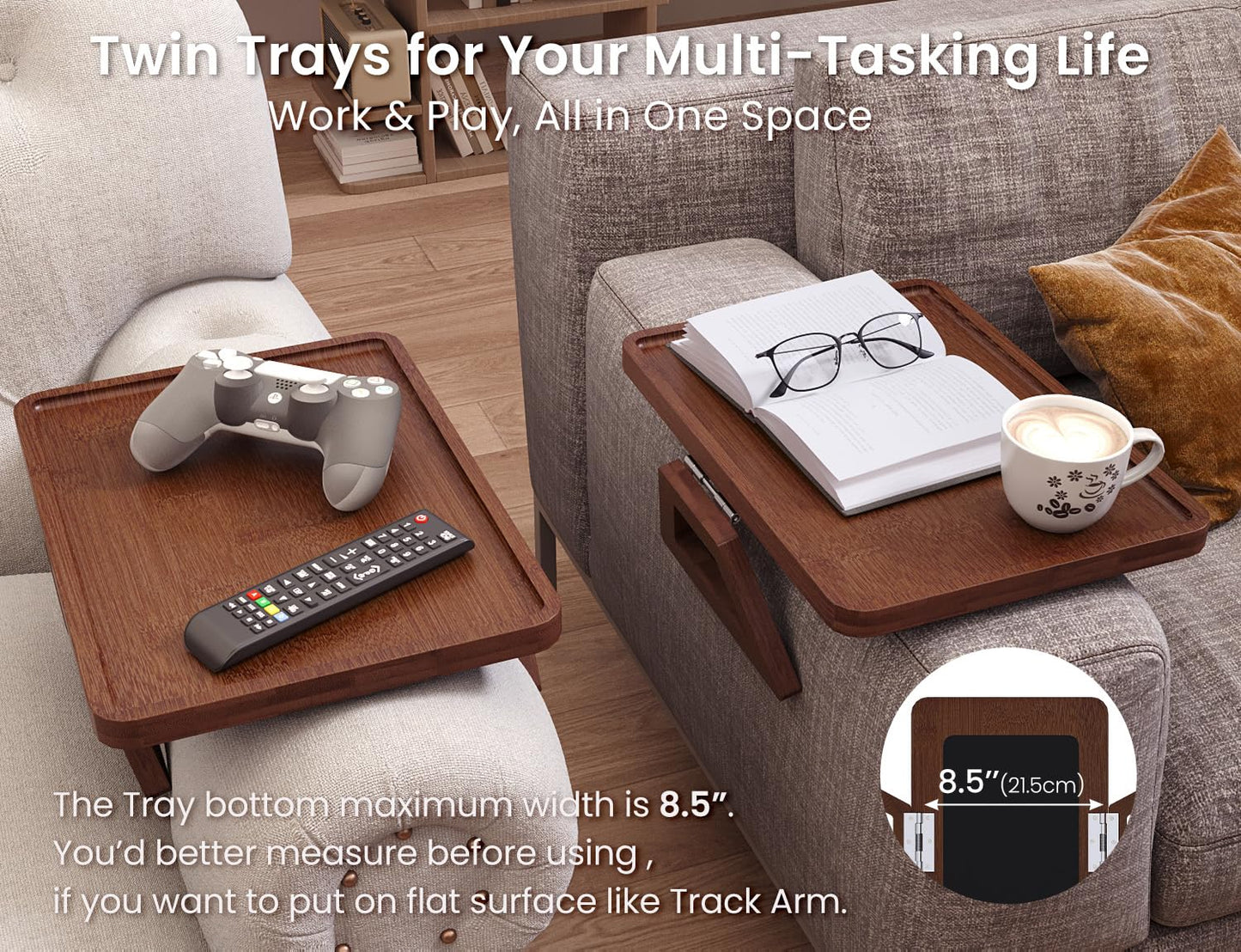 Danfoxer 2 Pack Couch Arm Tray,Bamboo Folding Sofa Tray,Sofa Armrest Tray Clip-On Couch Desk for Drinks,Snacks,Phone,Remote Control（Brown）