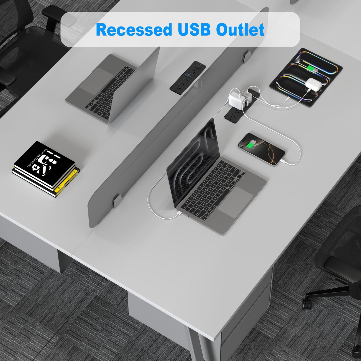 65W USB C Recessed Power Strip, Desktop Flush Mount Outlet with 4AC & 2 PD GaN USB C & 2 USB-A Ports, Furniture Hidden Drawer Charging Station for Home Office, 6FT