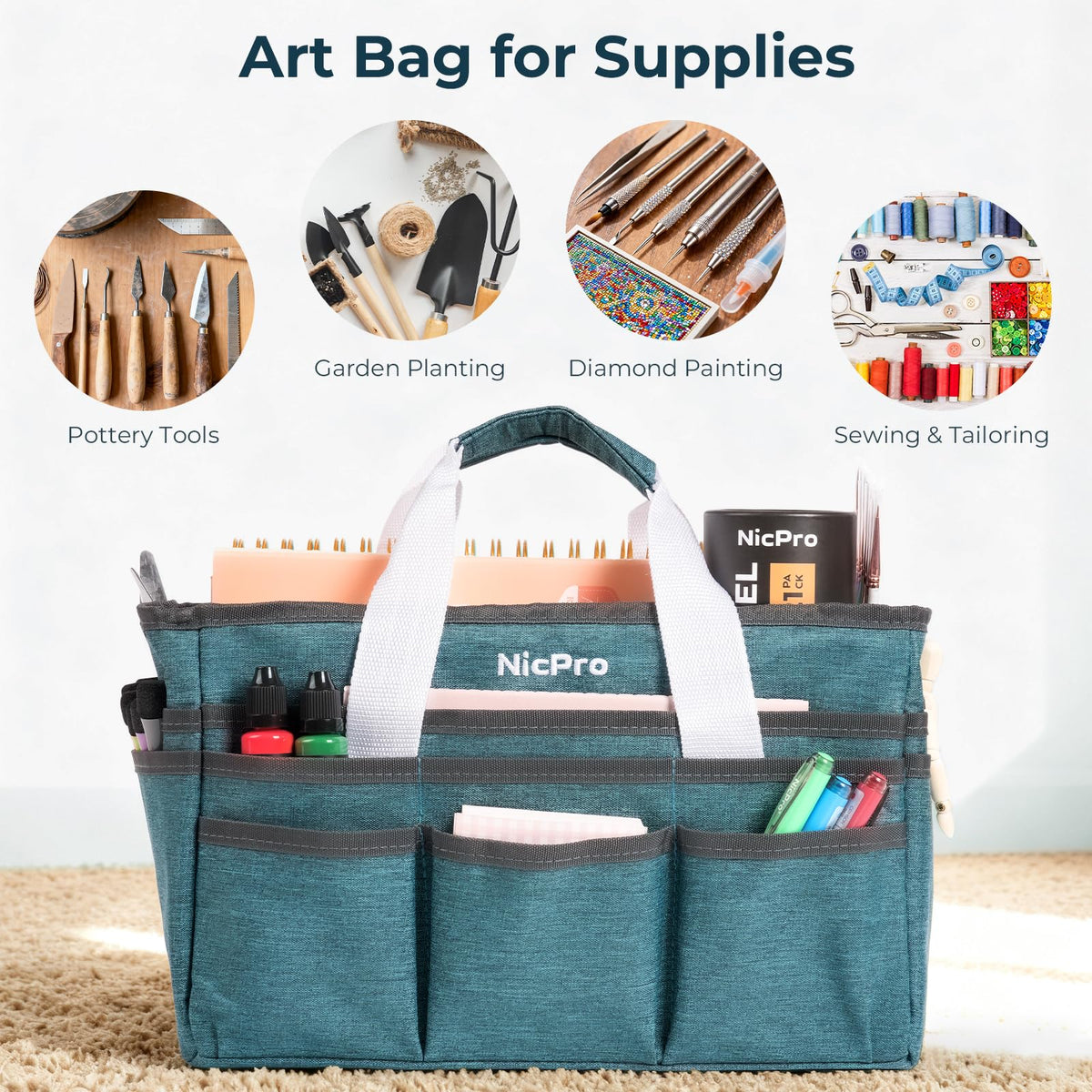 Nicpro Craft Organizer Art Bag, Tote Bag For Art Supply Storage, Portable Supply Organizers Caddy with Multiple Pockets, Craft Bag for Drawing, Scrapbooking, Journal, Sewing, School, Office Supplies