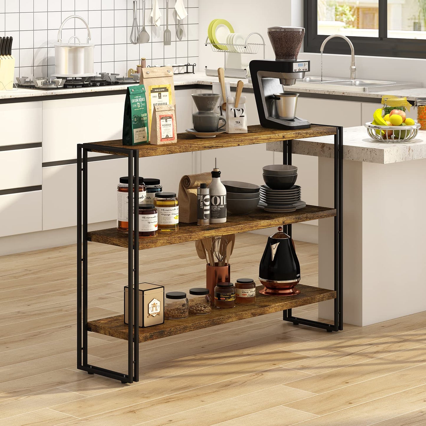 HCHQHS 3-Tier Rustic Wood and Metal Industrial Bookcase - 40in, for Home Office, Bedroom, Kitchen, Bathroom