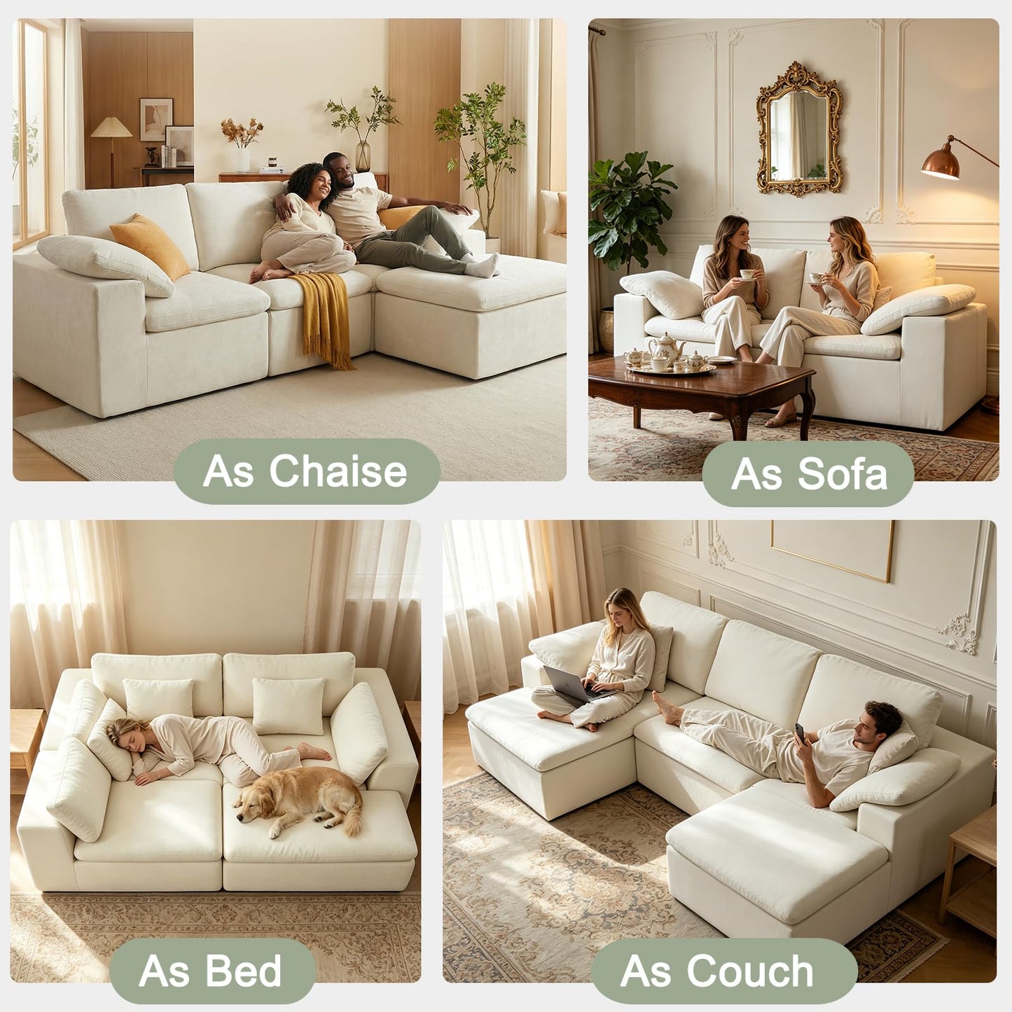 Nigoone 108" Sectional Couches for Living Room, Modular Cloud Sofa with Ottoman, No Assembly, Convertible L Shaped Boneless Couch, Adjustable Sofa Backrest, 4 Seater, Warm White Chenille
