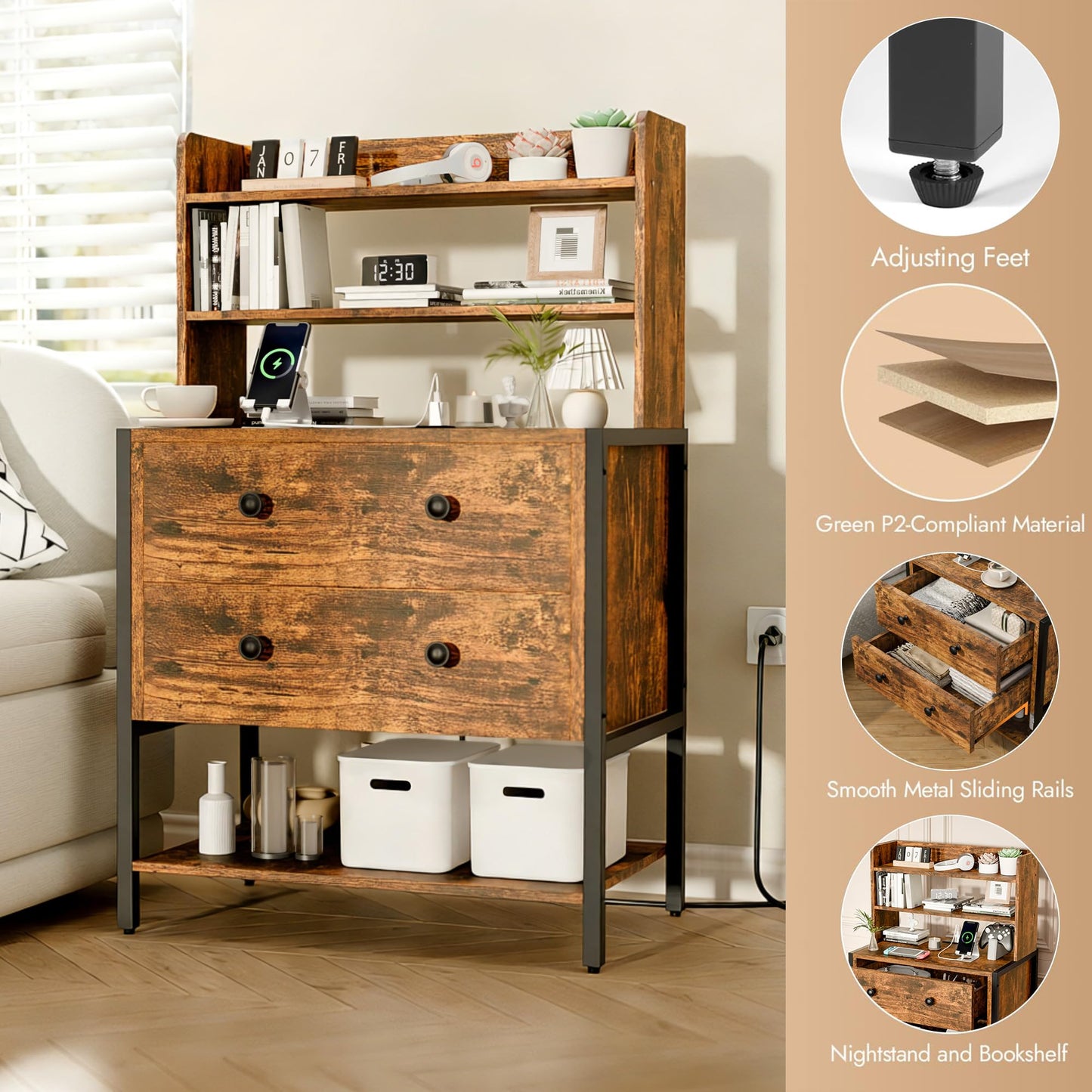 PATAVOT 24 Inch Wide Night Stand, Large Wooden Night Stand with 2 Adjustable Drawes, Tall Nightstand with 4-Tier Shelves and Charging Station, Bedside Table for Living Room/Bedroom/Office, Retro.