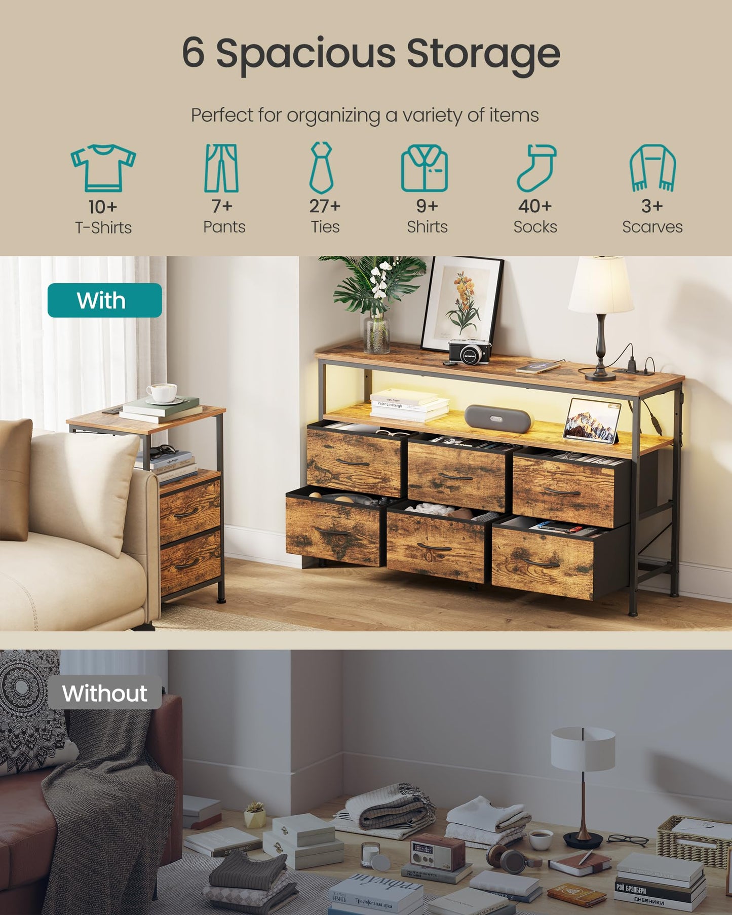 SONGMICS BELLAH Collection - Dresser for Bedroom, Chest of Drawers, TV Stand for TVs Up to 55 Inches, Living Room, Closet, 6 Drawers and 1 Shelf, Industrial, Rustic Brown and Ink Black ULGS833KD02S