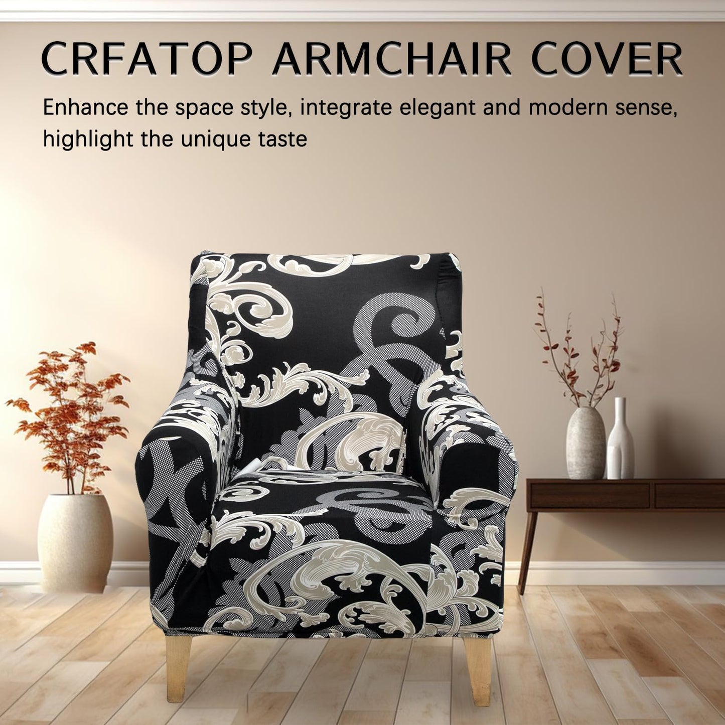 Adigau Printed Armchair Covers 1-Piece Elastic Chair Slipcovers with Arms Reception Office Reading Sofa Cover Washable Furniture Protector for Living Room Light Luxury(Black Wave)