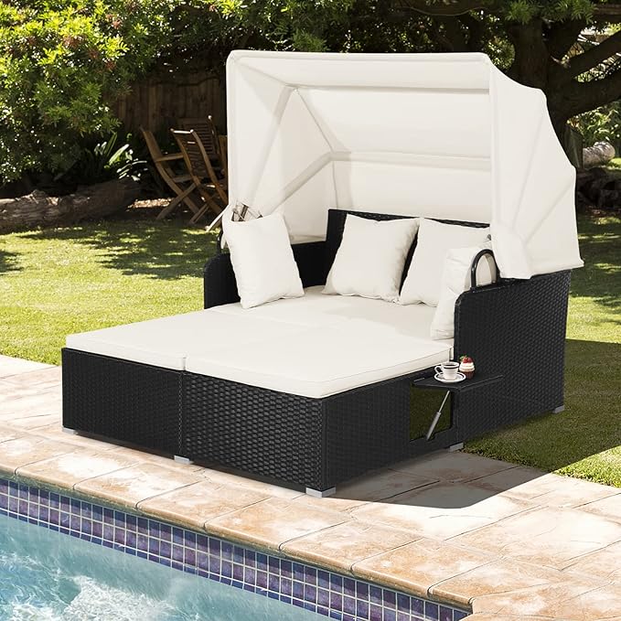 COSTWAY Outdoor Daybed with Retractable Canopy, Wicker Patio Furniture Set with