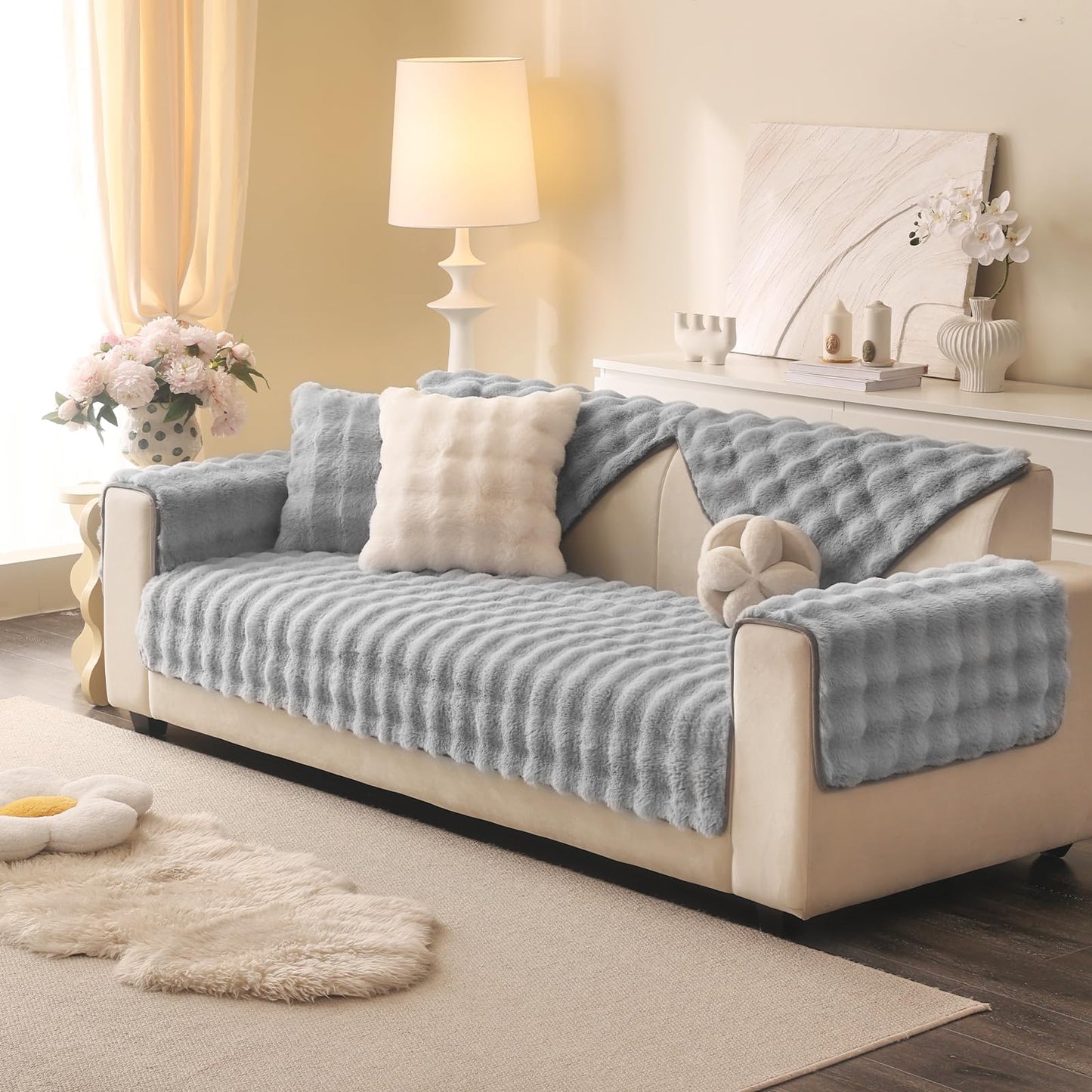 Aucrovee Soft Plush Faux Fur Couch Cover, Thick Warm Fuzzy Sectional Sofa Covers for 3 Cushion Couch Sofa Non Slip Slipcover, Furniture Protector Covers for Pets(1 PCS 36"x94" Light Grey)