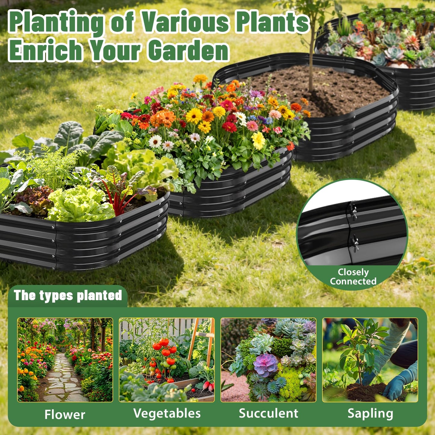 VAMFUTRE Hexagon Raised Garden Bed, 48 Inch Diagonal & 12 Inch Tall, Galvanized Steel Planter Box with Wave-Shaped Metal Panels for Outdoor Flower,Tree,Herb & Vegetable Garden (Black, 4FT X 1FT)