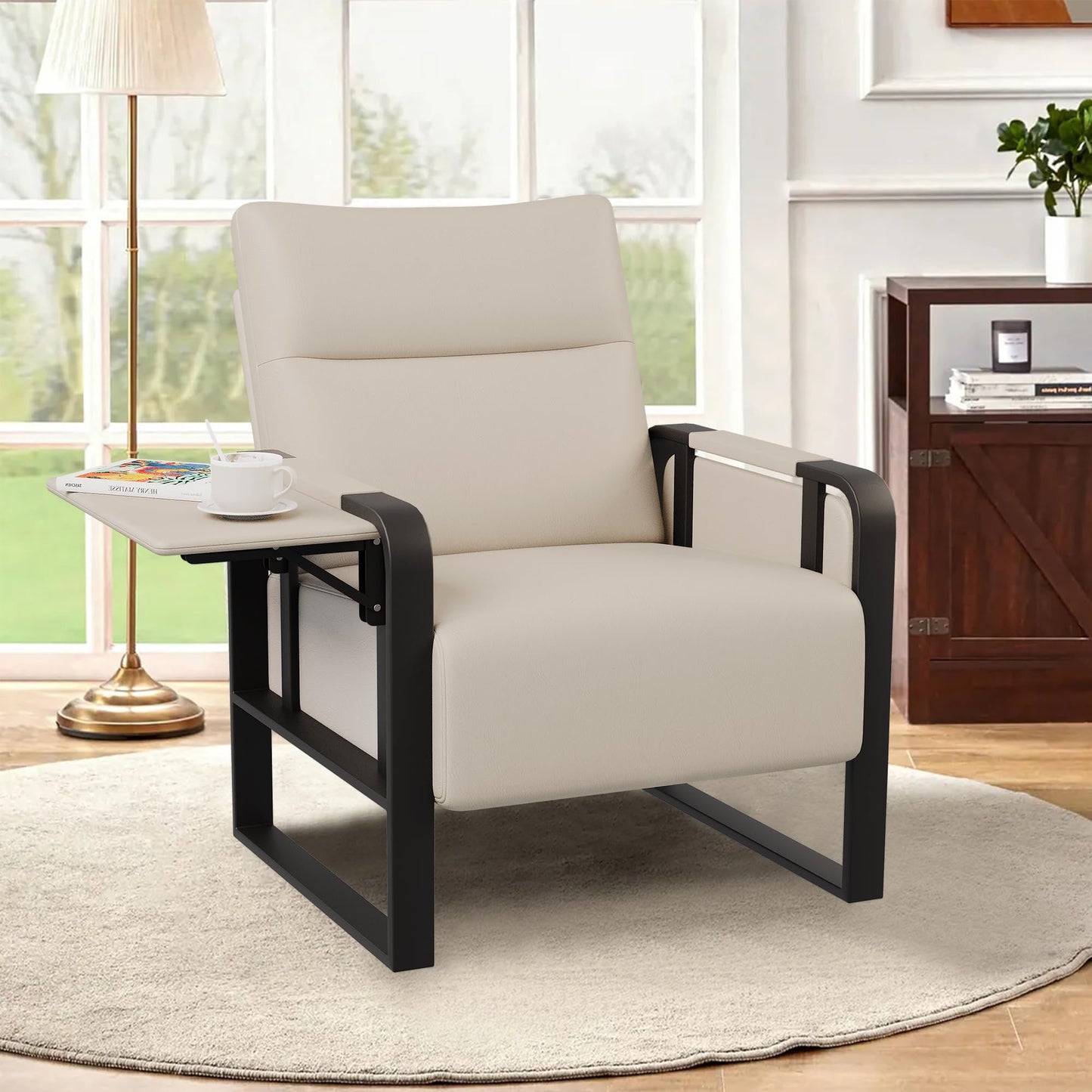 Apeaka Modern Accent Chair PU Leather Upholstered Armchair with Tray Table for Bedroom Living Room Chairs Office Chair Beige