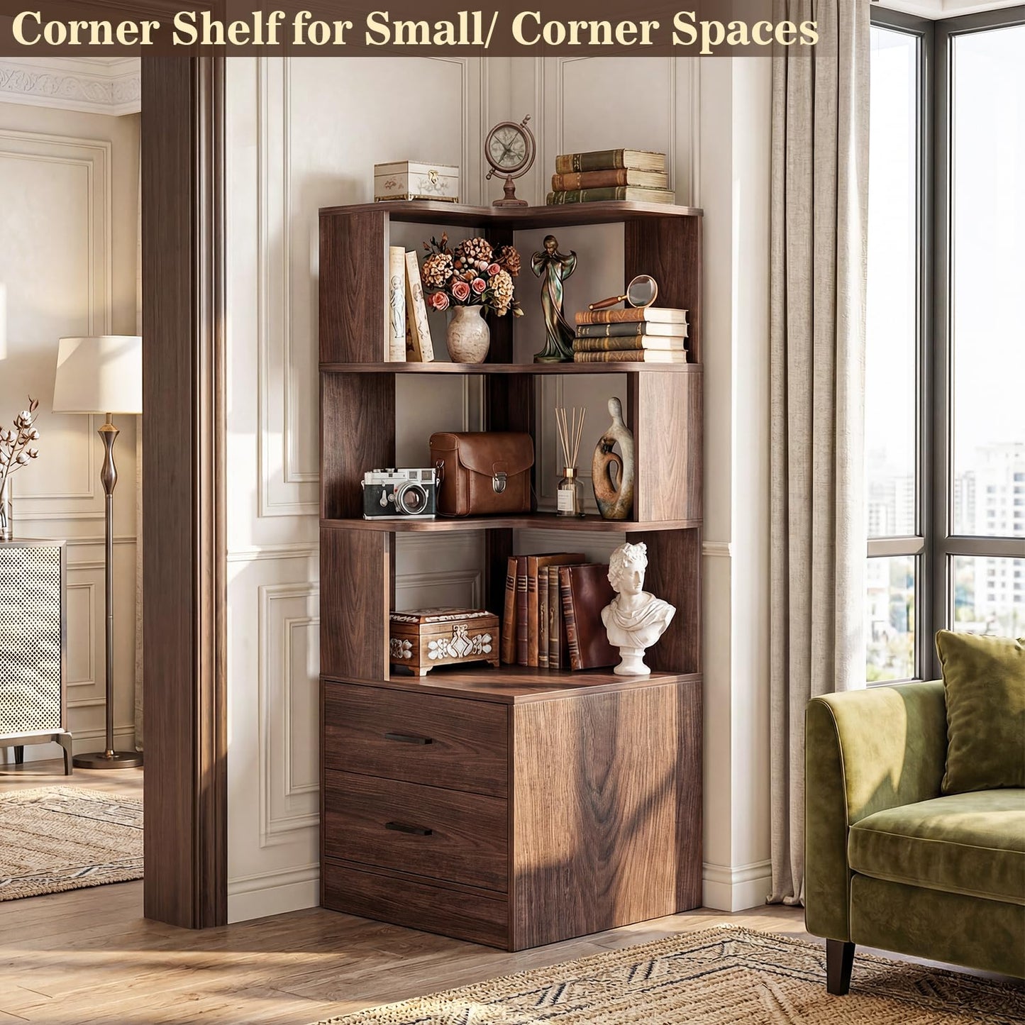 Armocity Corner Bookshelf with Drawers, 6 Tier Corner Book Shelf Display Bookcase, Freestanding L Shaped Bookshelf for Bedroom, Living Room, Home Office, Black Walnut