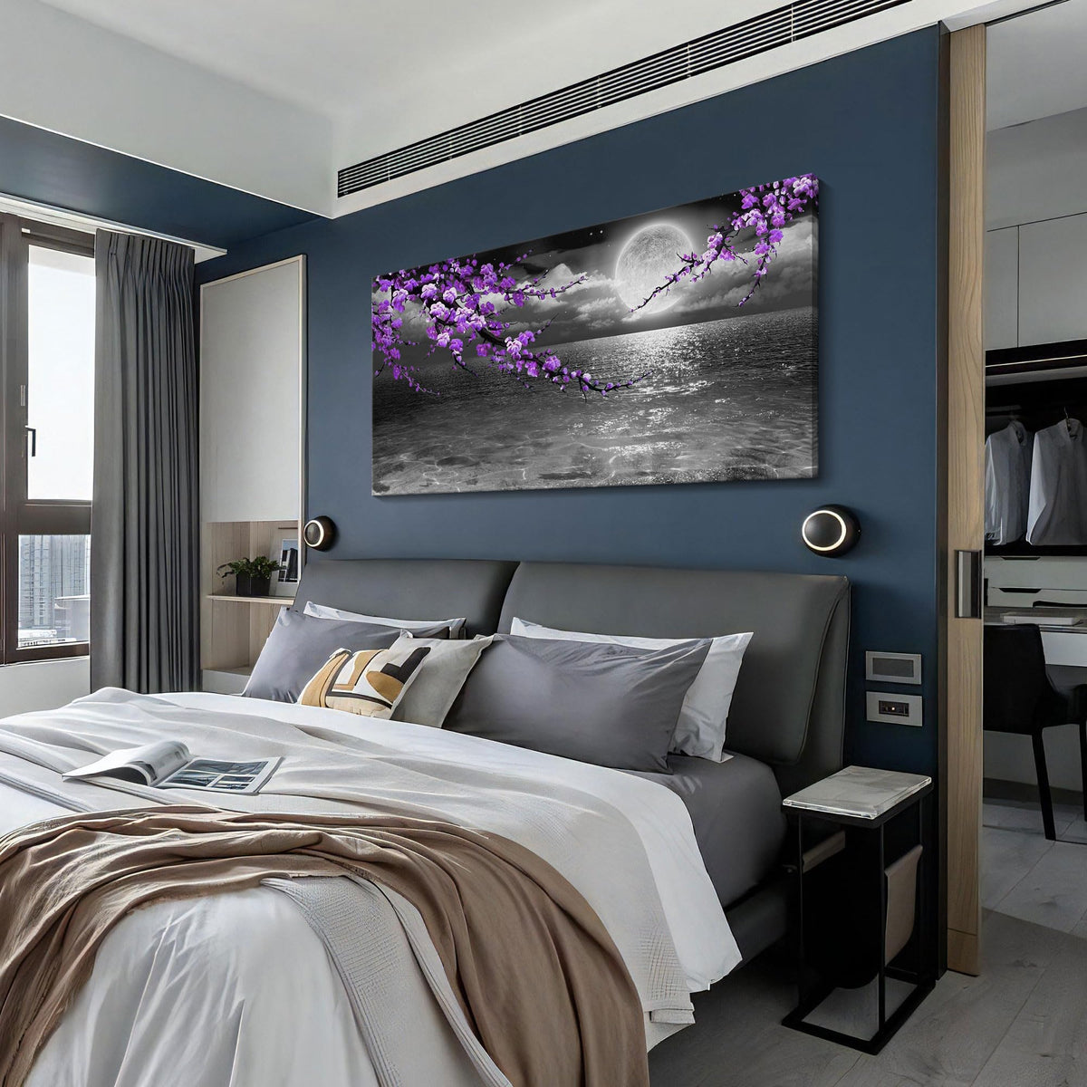 Large Purple Wall Art Decor for Living Room Bedroom Framed Black and White Seascape Full Moon Purple Flower Painting Canvas Picture Modern Hand-Painted Plum Blossom Artwork for Home Office