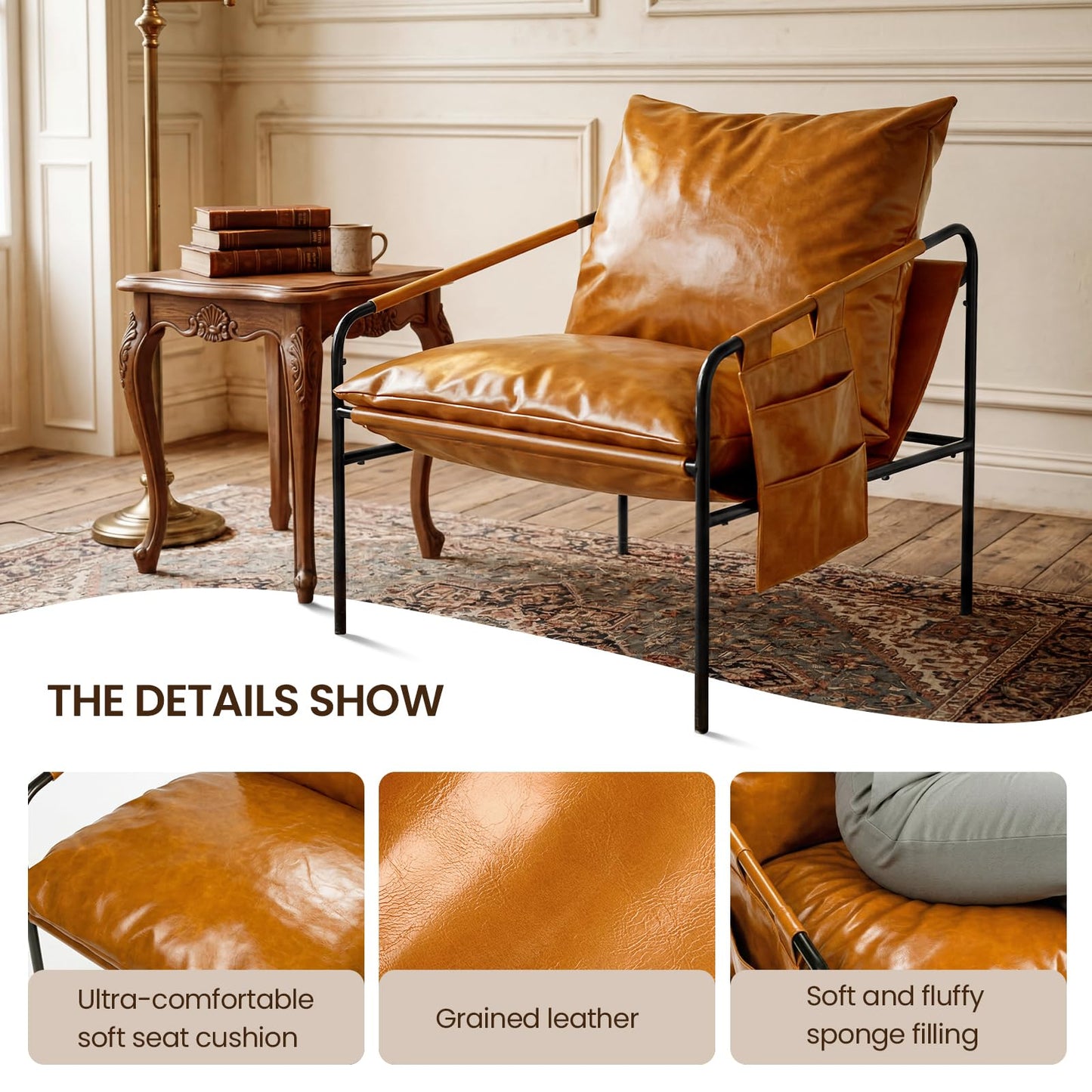 Modern Bright Orange Oversized Faux Leather Chair, Recliner Armchair, Comfy Accent Chair with Sturdy Metal Frame, Armrest bag, Indoor Outdoor couch sofa Chair for Living Room Bedroom Patio lounge
