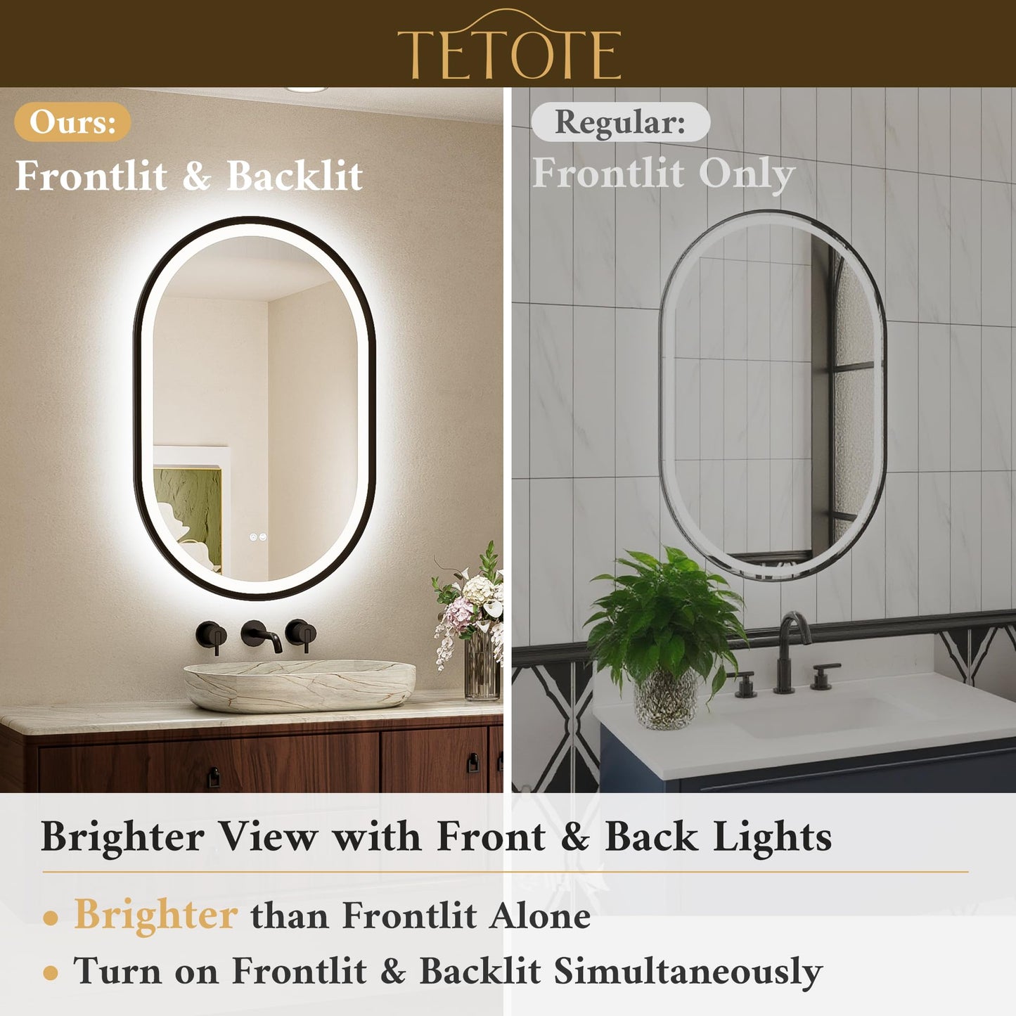 TETOTE Oval Led Lighted Bathroom Mirror Matte Black Frame 20" x 32" Front and Backlit Oval Light up Vanity Mirror with Lights, 3 Color Illuminated Dimmable Anti Fog Wall Mount, IP54 CRI 90+
