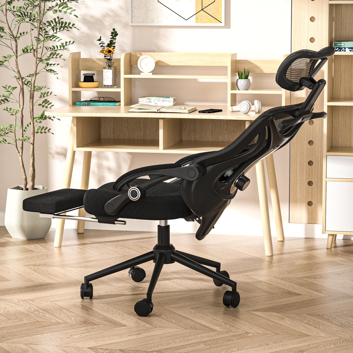 Ergonomic Office Chair - Adjustable Lumbar & Headrest, 90-160° Reclining with Footrest, Breathable Mesh Back - Home Office/Gaming Computer Chair (Modern, Black)