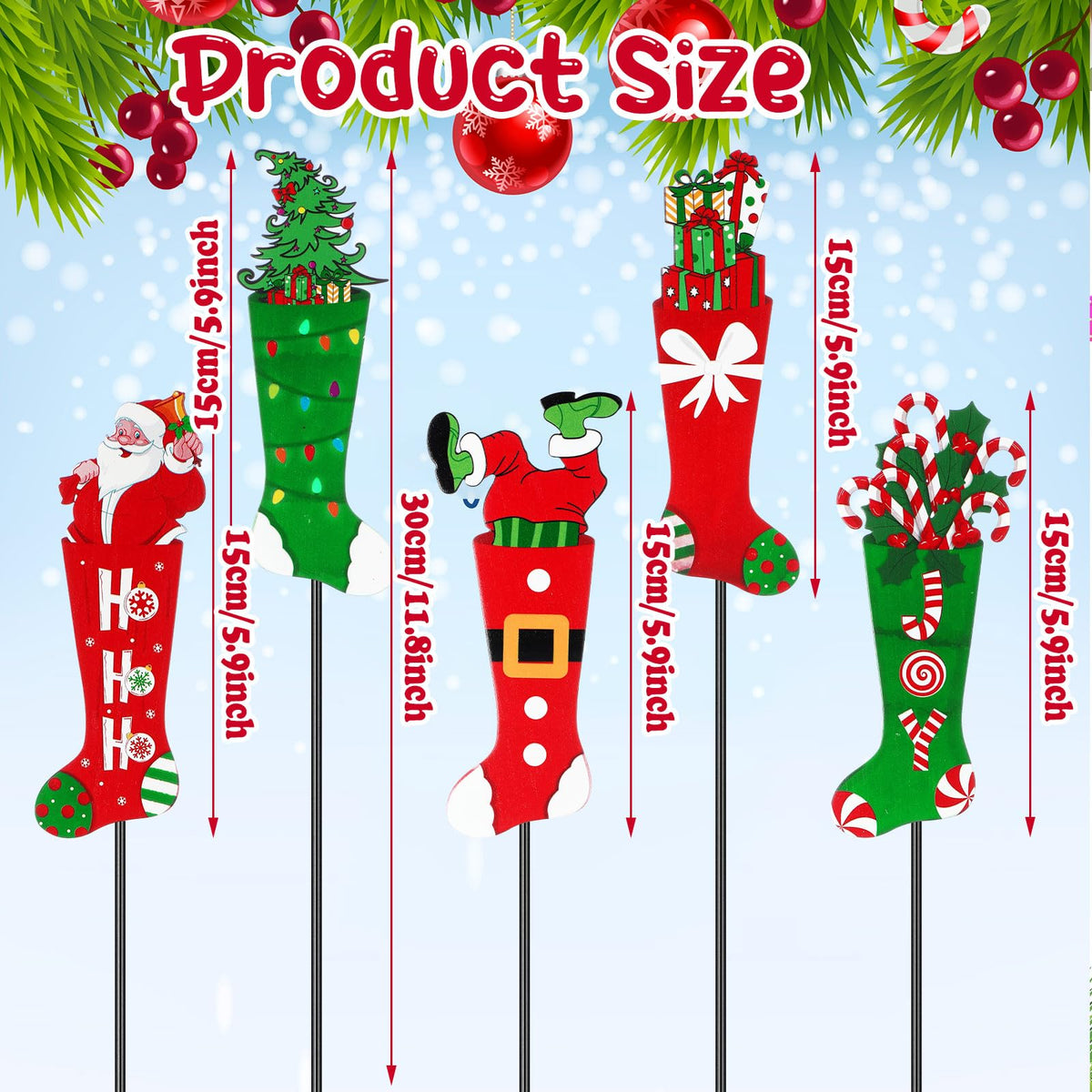Roowest 5 Pack 12'' H Metal Christmas Yard Stakes Outdoor Decorations Red and Green Christmas Stocking Elf Santa Signs Winter Potted Plant Stakes for Holiday Lawn Garden Home Porch Party Decor