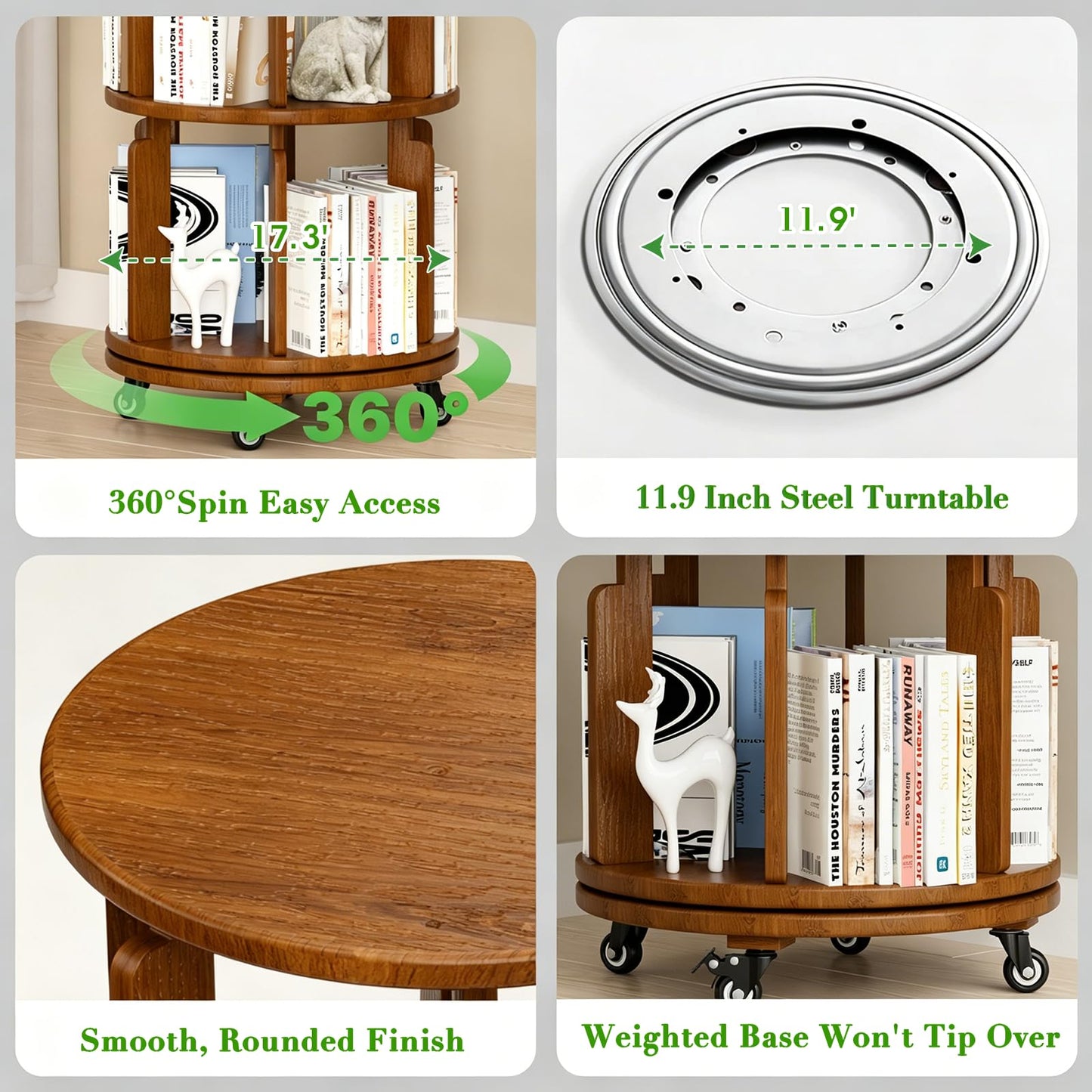 Azlafu 6 Tier 360° Rotating Solid Wood Bookshelf with Wheels, Lazy Susan Circular Spinning Revolving Corner Bookcase, Freestanding Storage Shelf for Bedroom Small Space, Walnut