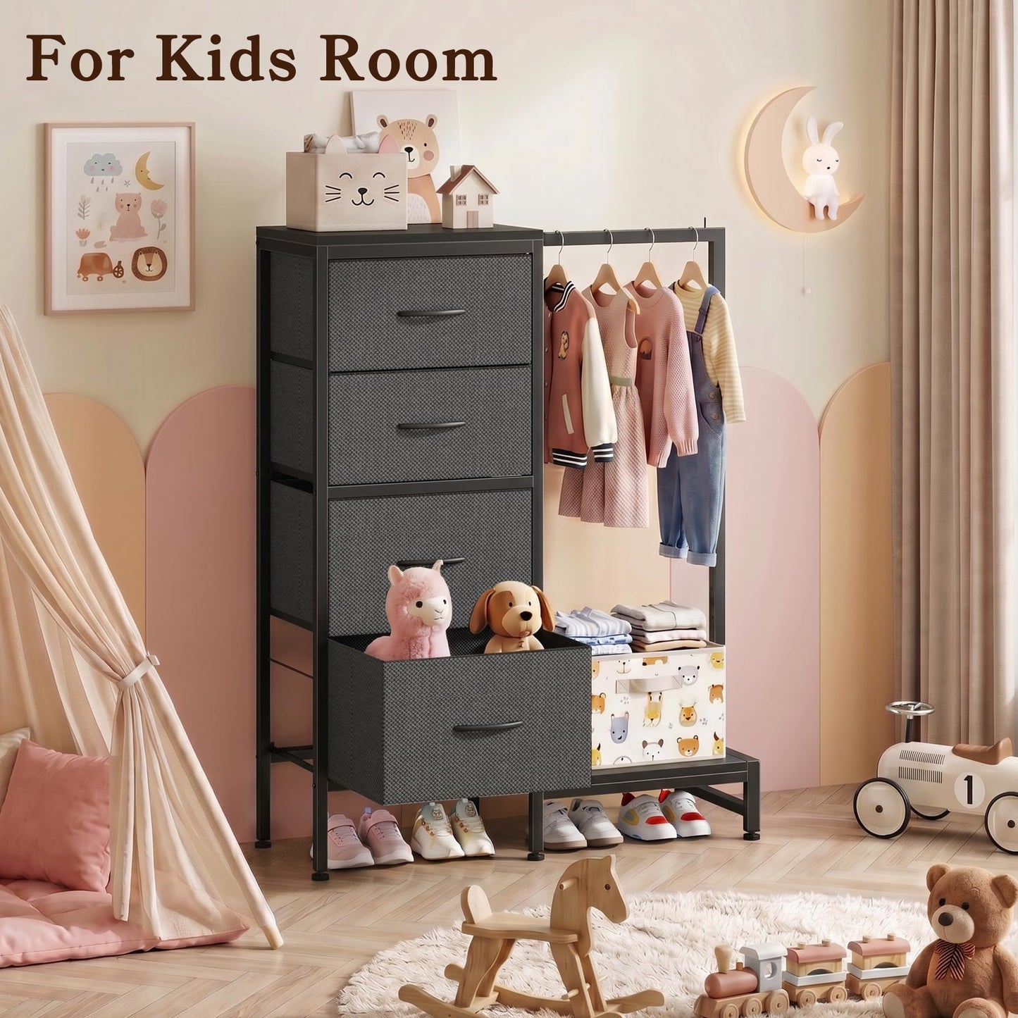 HIGDBFE Dresser with Hanging Rack, 4 Drawers Small Closet for Bedroom, Reversible Fabric Kids Chest of Drawers with Clothes Rack, Tall Storage Tower, Sturdy Frame, Grey, 44''H