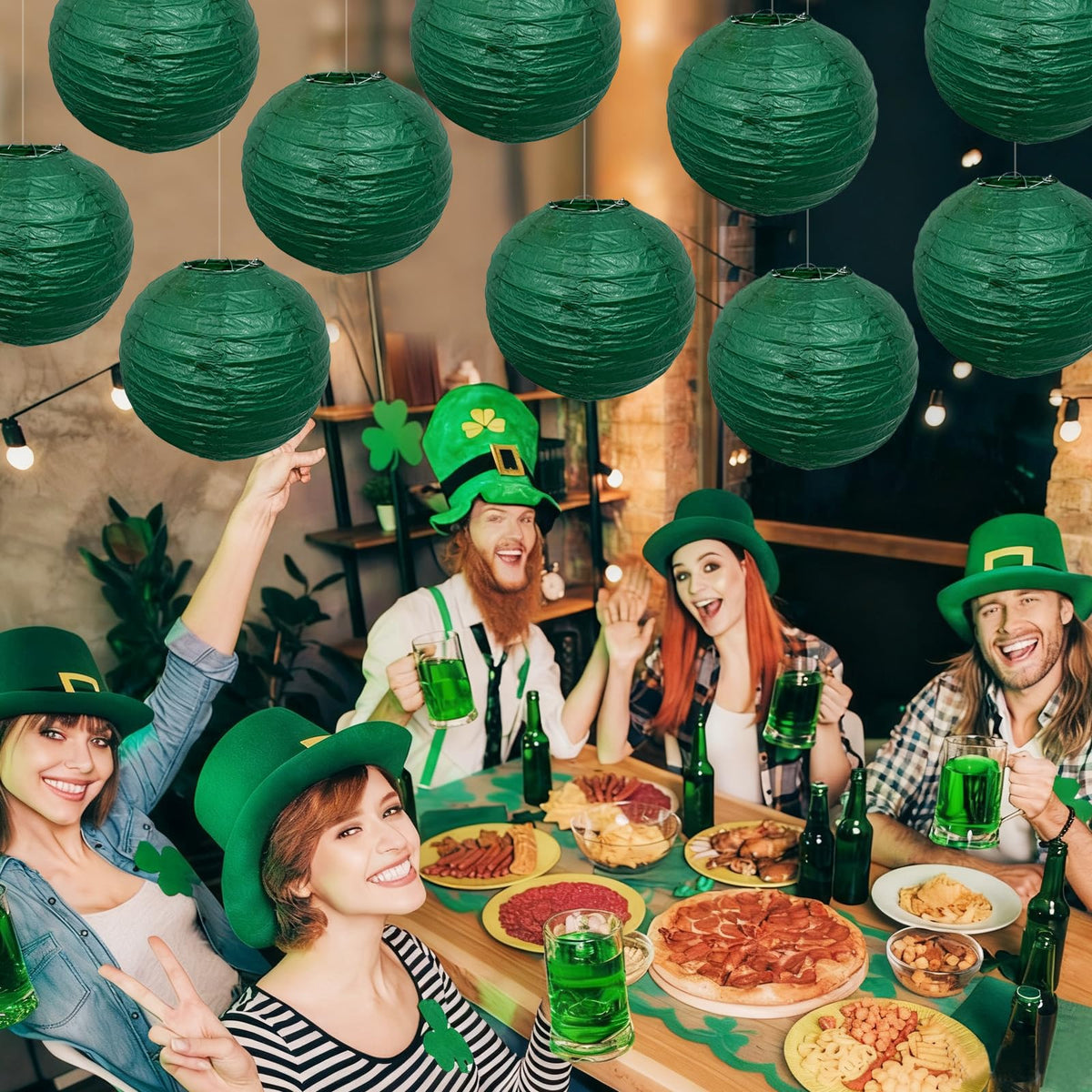 Christmas Green Paper Lanterns Hanging Ceiling Round Lanterns for Spring Theme Christmas Home Decorations 10 PCS