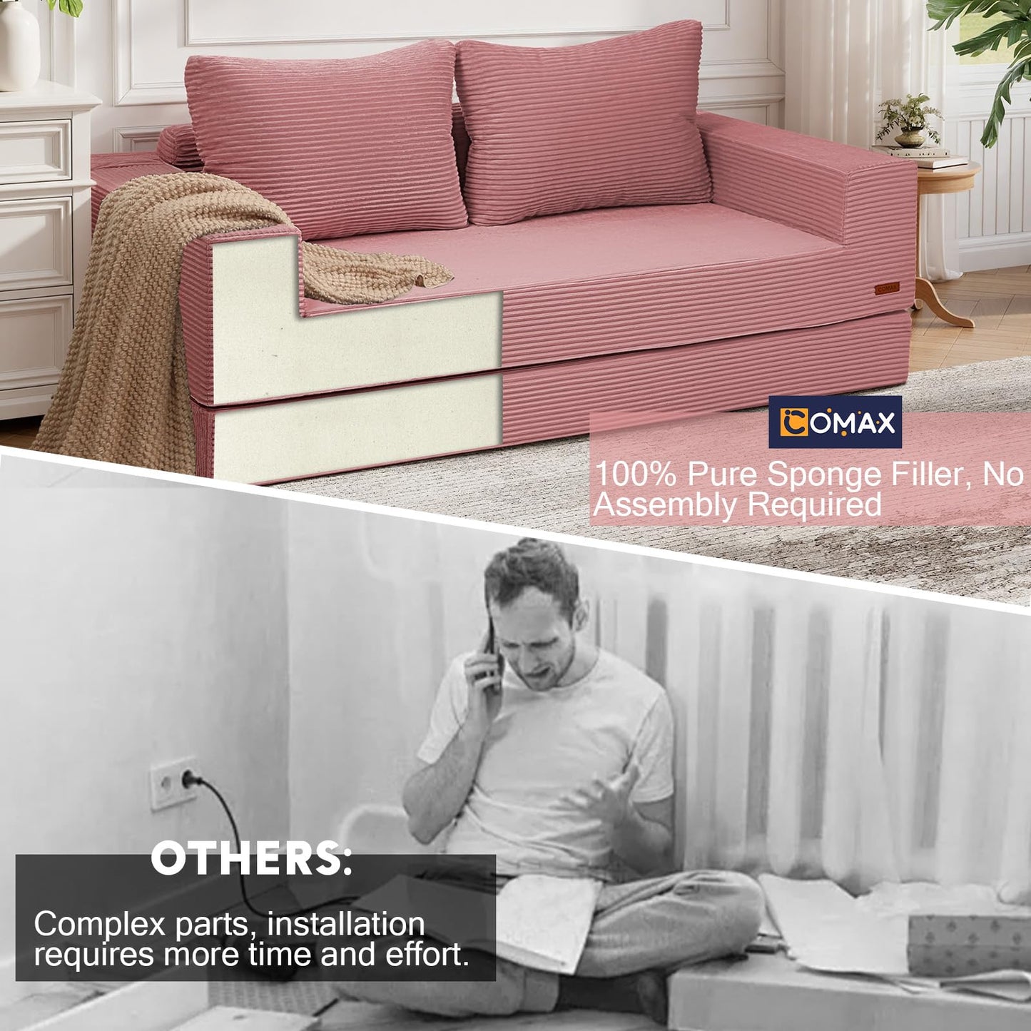 COMAX Convertible Sofa Bed Queen, Corduroy Folding Floor Couch Pull Out Couch Bed Futon Sleeper with Pillows, Fold Out Boneless Sofa Comfy Lounge Mattress Loveseat for Living Room Bedroom, Pink