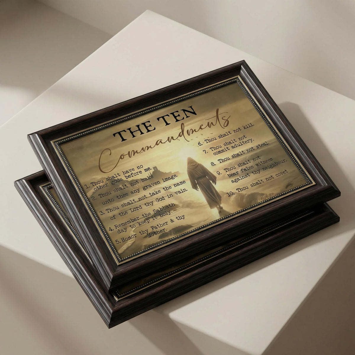 Dark Brown Framed The Ten Commandments Canvas Wall Art Jesus Christ Wall Decor Picture Christian Inspirational Quotes Poster Print Painting for Church Living Room Bedroom Home Decoration