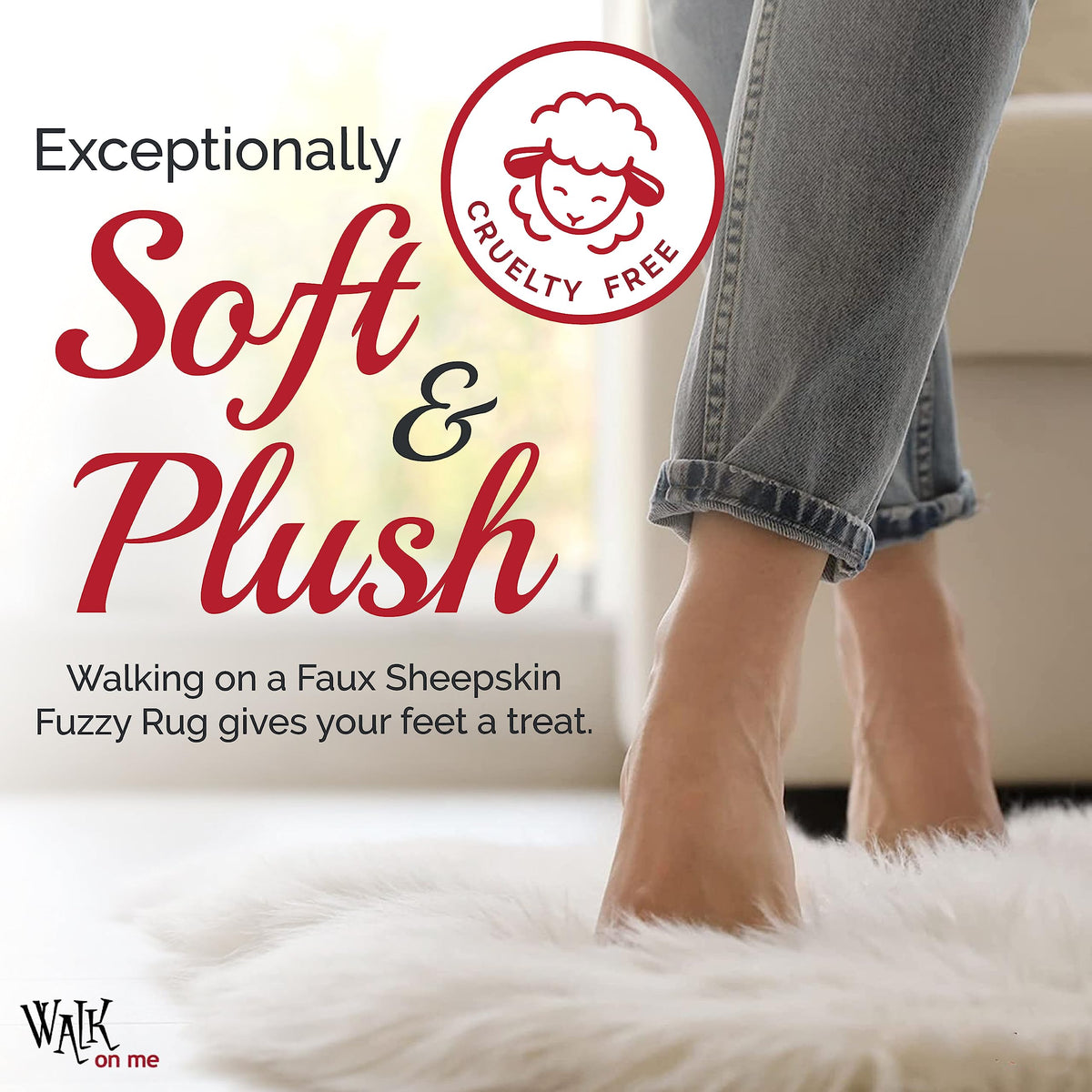 Walk on Me White Double Pelt Faux Fur Sheepskin Rug: Ultra Soft, Super Thick, Fluffy 2x6 Feet, Living Room, Bedroom, Office, Synthetic, Latex, Non-Slip
