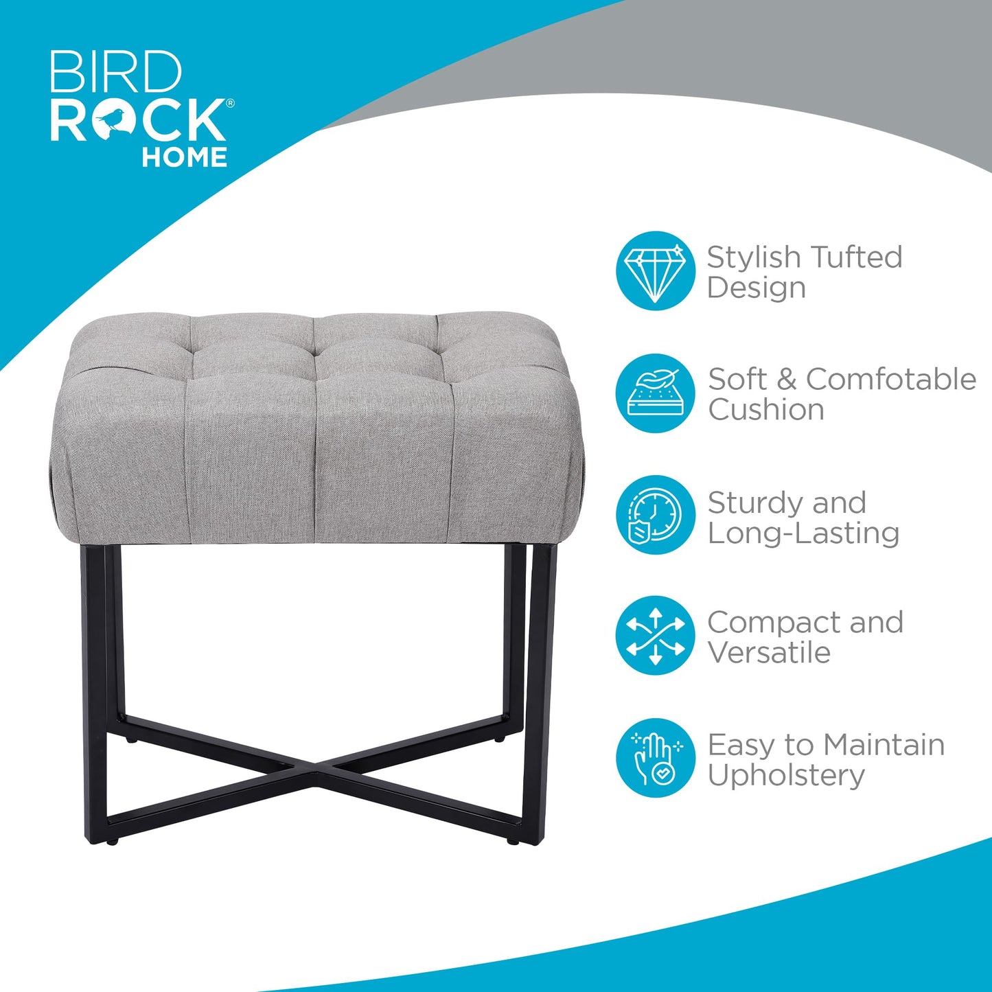 BIRDROCK HOME Rectangle Tufted Linen Ottoman Foot Rest - 19.7x11.82x17.73” Small Foot Stool with Legs - Padded Footrest Modern Ottomans for Living Room Furniture, Bedroom Footstool (Grey)