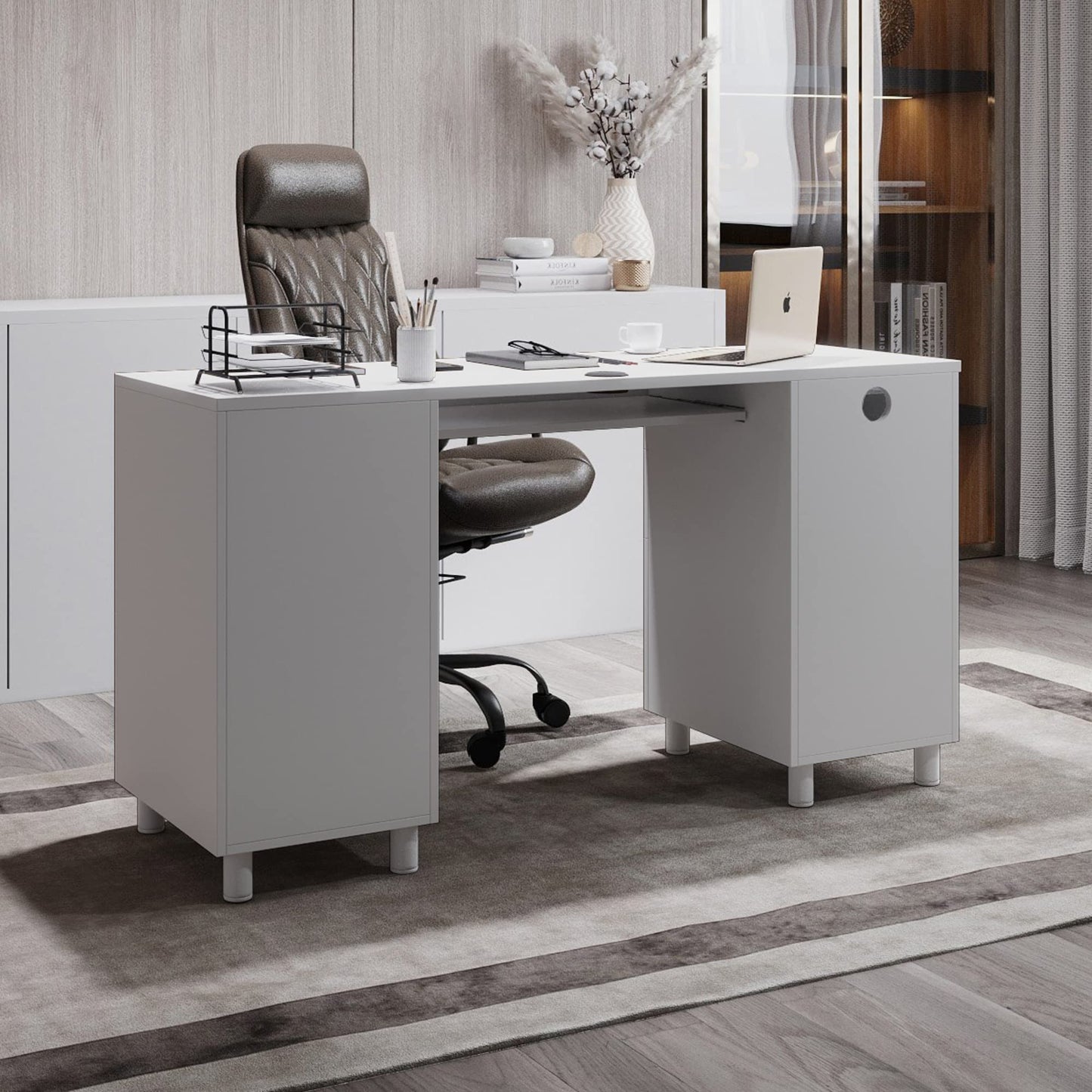 Modern Design Venice Computer Office Desk with 3 Locking Drawers and Storage Cabinet, 53 Inch Home and Office Executive White Desk with Keyboard Tray by Crafts and Comfort