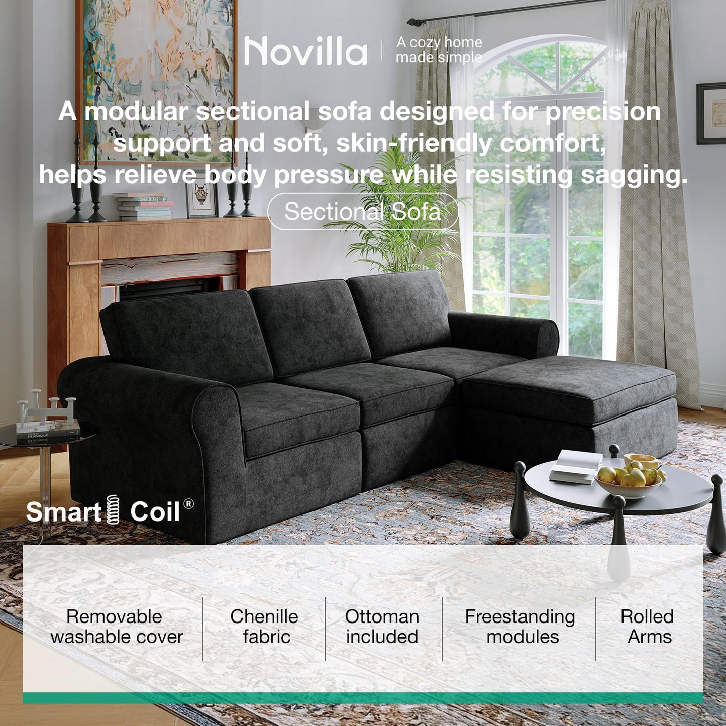 Novilla 108" Modular Sectional Sofa, Modular Sectional Couches for Living Room Bedroom, Chenille Removable Cover Cloud Couch Sectional with Smarts Coil® Support L-Shaped Couch(Dark Grey, Armless Seat)