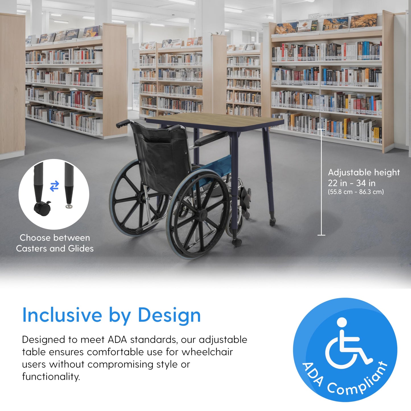 Adapte Commercial Classroom Activity Table - 30" x 48" Rectangle Woodgrain, ADA Compliant Tapered Legs with Glides & Casters, Adjustable Height 22-34" Wheelchair Accessible, School & Office Furniture