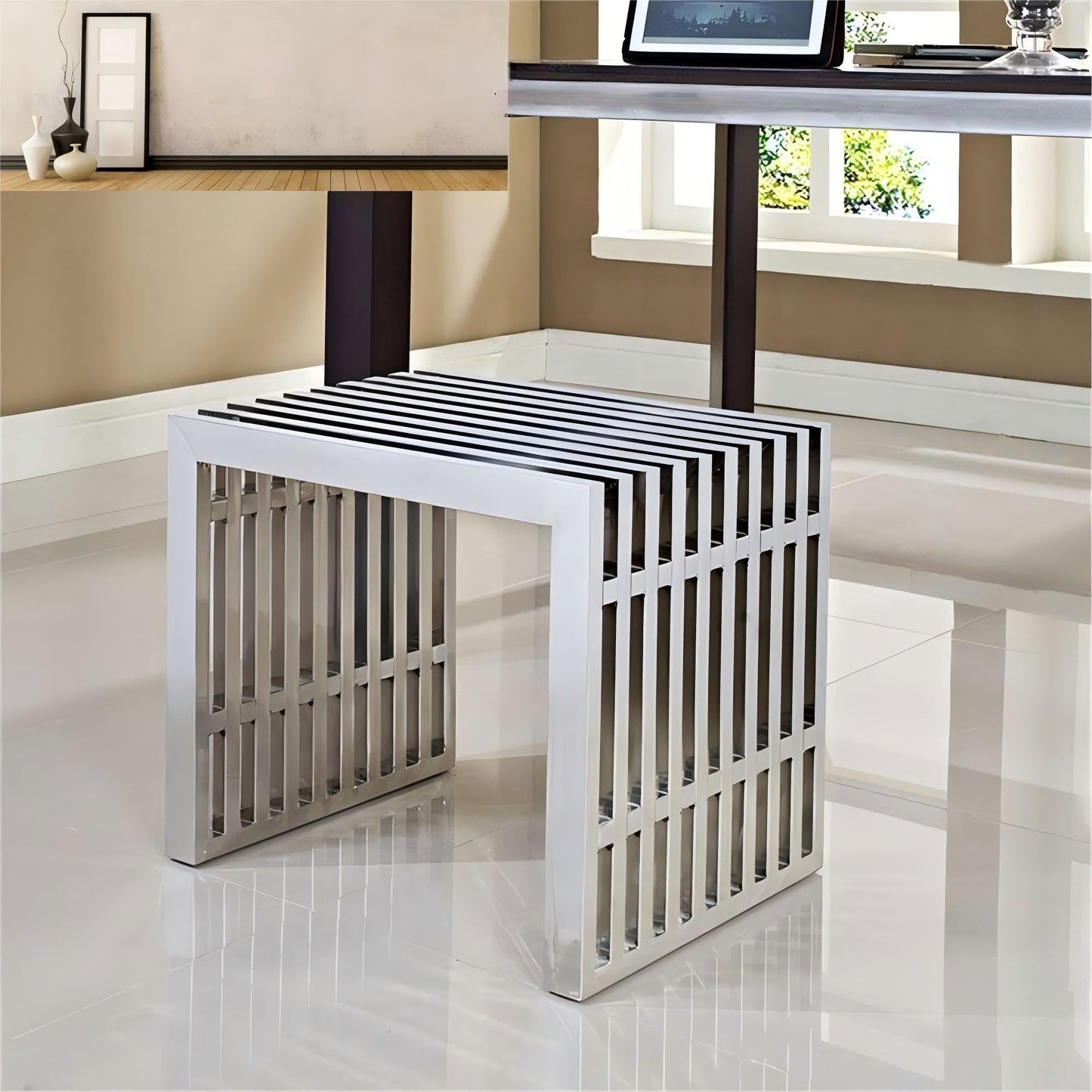 Modern Stainless Steel Bench, Geometric Striped Design, Durable Metal Stool for Indoor/Outdoor, Living Room/Patio Decor