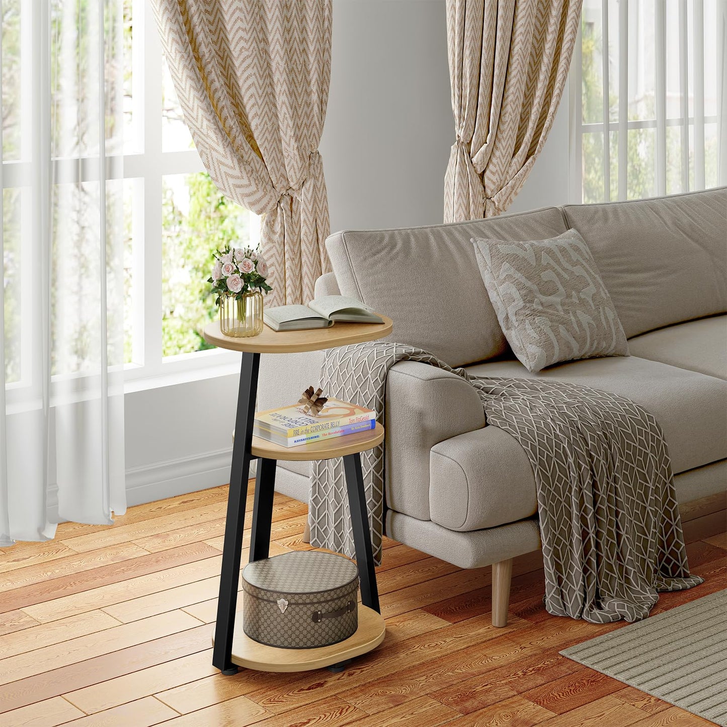 Kalrin Side Table, Small End Table with Metal Frame, 3-Tier Bedside Tables, Round Side Tables for Living Room Bedroom Couch Bathroom, Oval, Modern Oak