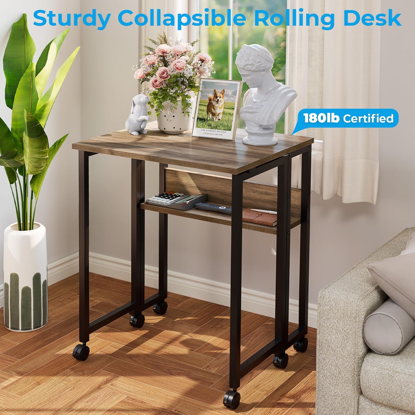 GreenForest Folding Desk with Wheels, 31.5 Inch Compact Rolling Computer Table with Storage Shelf, Portable Mobile Workstation for Small Spaces, Easy Assembly, Grey Wash