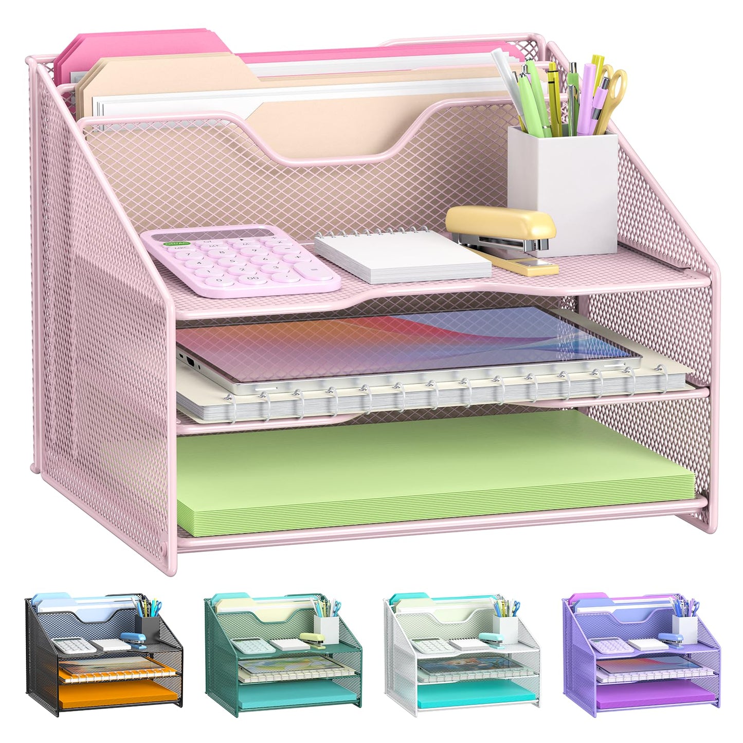 Samstar Pink Desk File Organizer, Mesh Letter File Folder Holder with 3 Paper Trays and 2 Vertical Upright Section, for Office Supplies, Desk Accessories & Workspace, Pink
