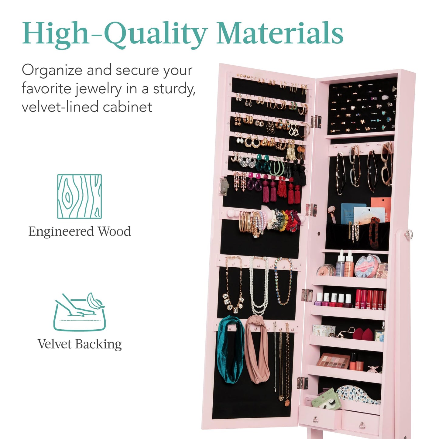 Best Choice Products Freestanding Jewelry Armoire Cabinet, Full Length Standing Mirror, Lockable Makeup Storage Organizer, w/Velvet Lining, 3 Angles, Lock, Accessory Pouch, 5 Shelves - Dusty Pink