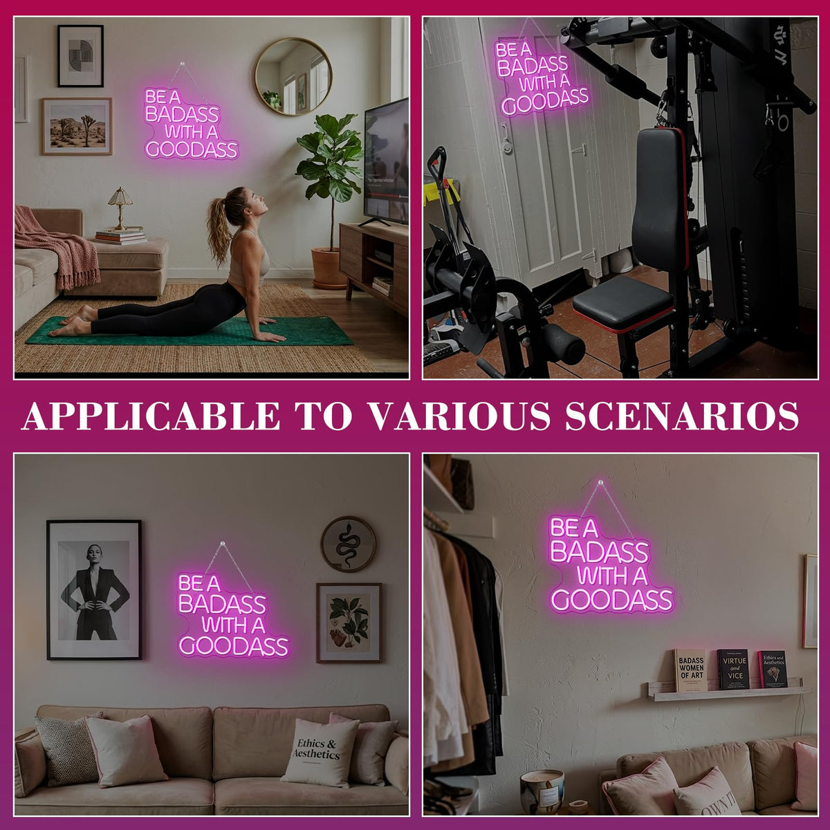 Gym Neon Sign with Pink LED Content Neon Light BE A BADASS WITH A GOODASS Light Signs for Wall Art Decor in Bar Club Ideal Birthday Gift for Teens and Adult Home Gym