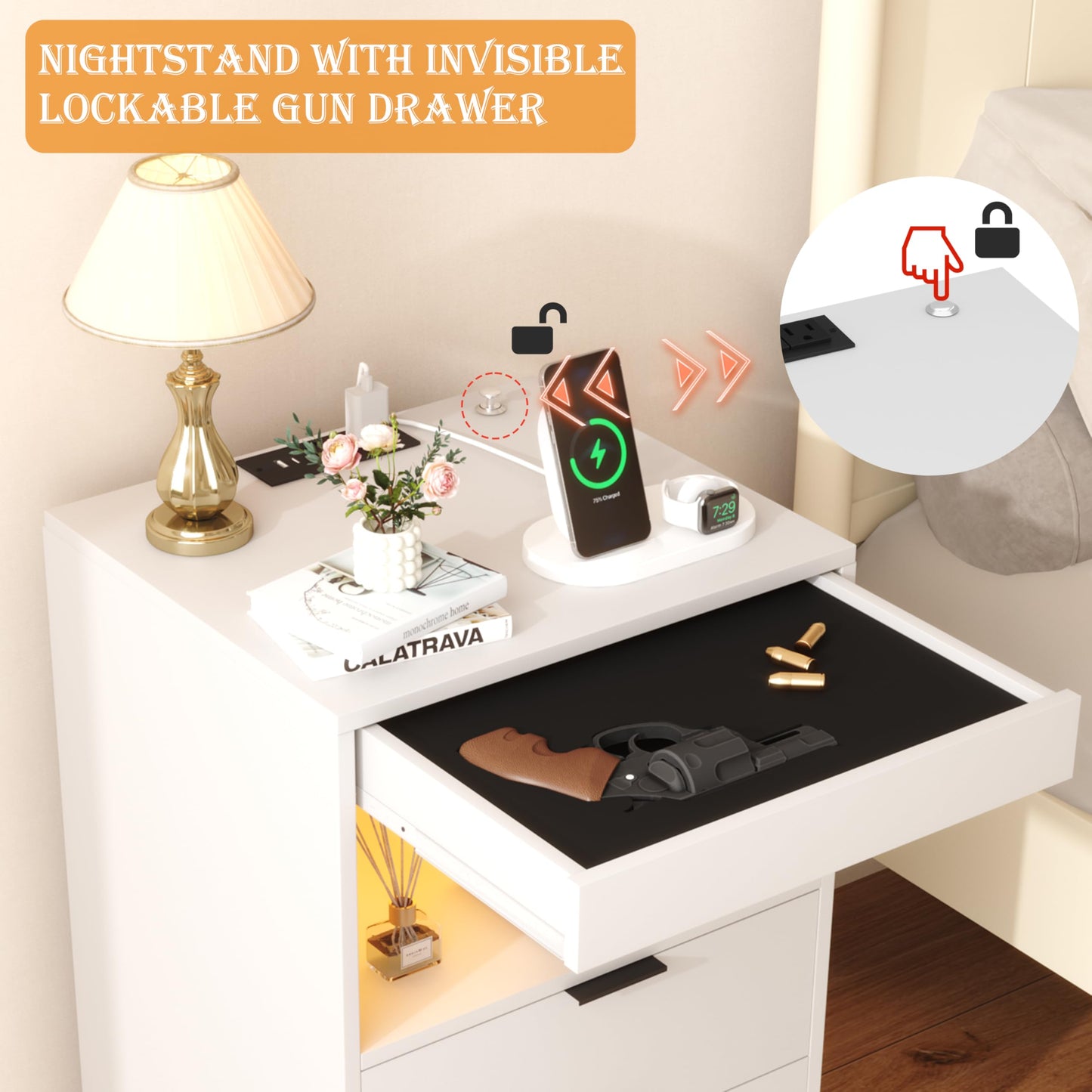 Yusong Night Stand with Gun Drawer & Invisible Lock, Bedside Table, LED Nightstand with Charging Station, Modern Night Stand, Wood Sofa Couch End Side Table with 2 Pull-Out Shelf (White 002)