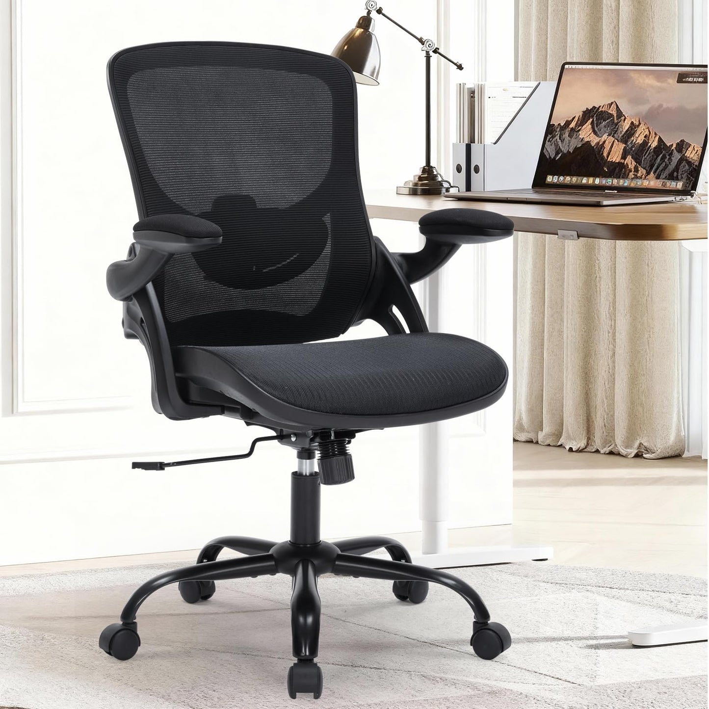 Ergonomic Office Chair with Flip-up Arms, Space Saving Mesh Desk Chair with Adjustable Lumbar Support & Headrest, Breathable Executive Computer Chair, Heavy Duty Swivel Task Chair 300LBS