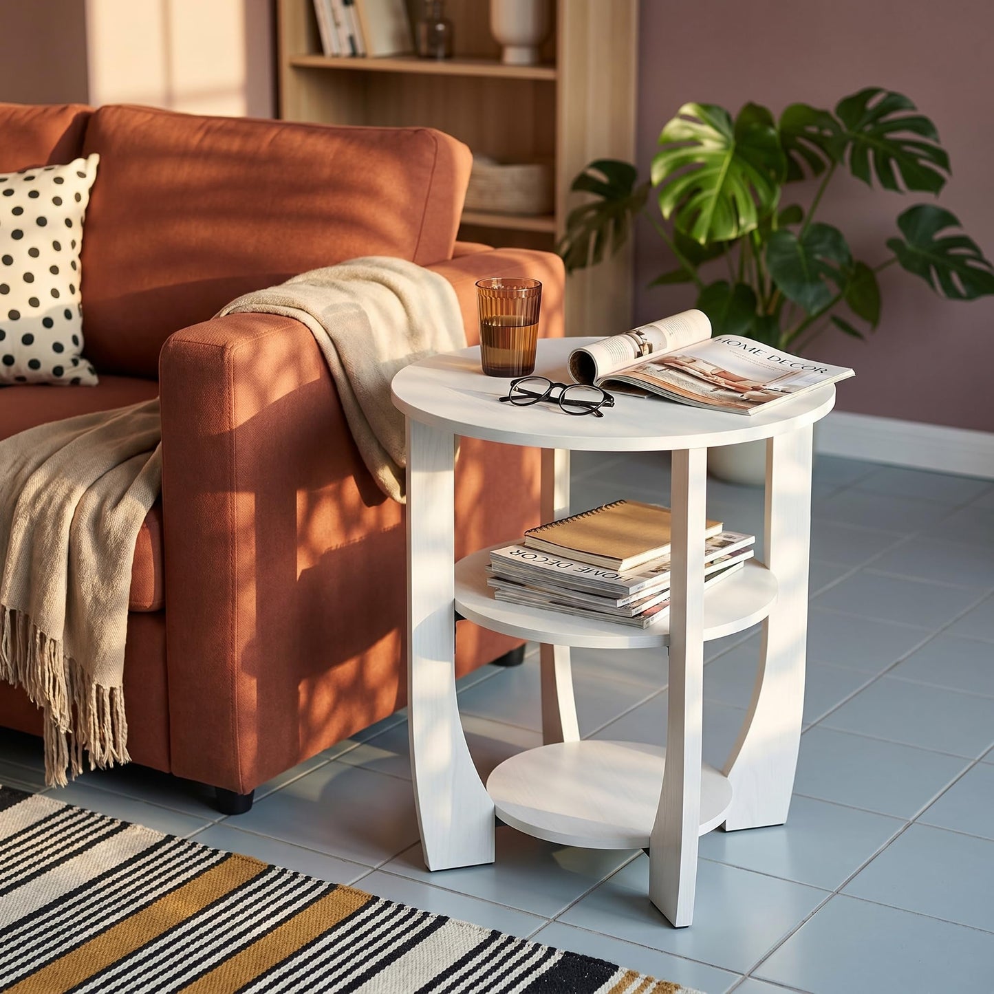 ZEXVIDA Round Side Table, 3-Tier End Table with Storage, 19.7 inch White Accent Table,Nightstand for Bedroom Living Room, Modern Design for Couch, Sofa, Recliner, Small Space
