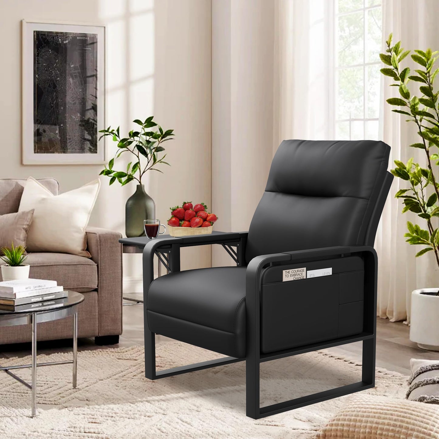 Apeaka Modern Black Accent Chair PU Leather Upholstered Armchair with Foldable Side Table for Bedroom Living Room Chairs Office Chair