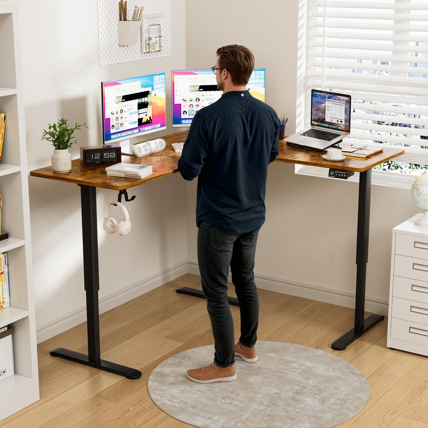 Furmax 63 x 55 Inch L Shaped Standing Desk with 2 Preset Heights, Electric Height Adjustable Computer Table, 2 Hooks & Feet Balance, Corner Sit Stand Desk for Home Office (Rustic Brown, 63 x 55 Inch)