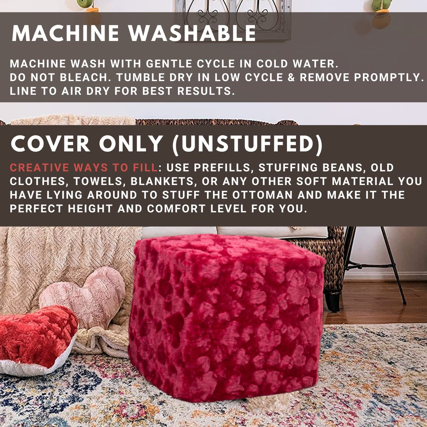 DaDa Bedding DaDalogy Ottoman Pouf Cover Red Hearts in Love Faux Fur [NO Insert] - Bean Bag Footstool Cover Romantic Cozy Soft with Zipper - 1-Piece 18" x 18" x 18"