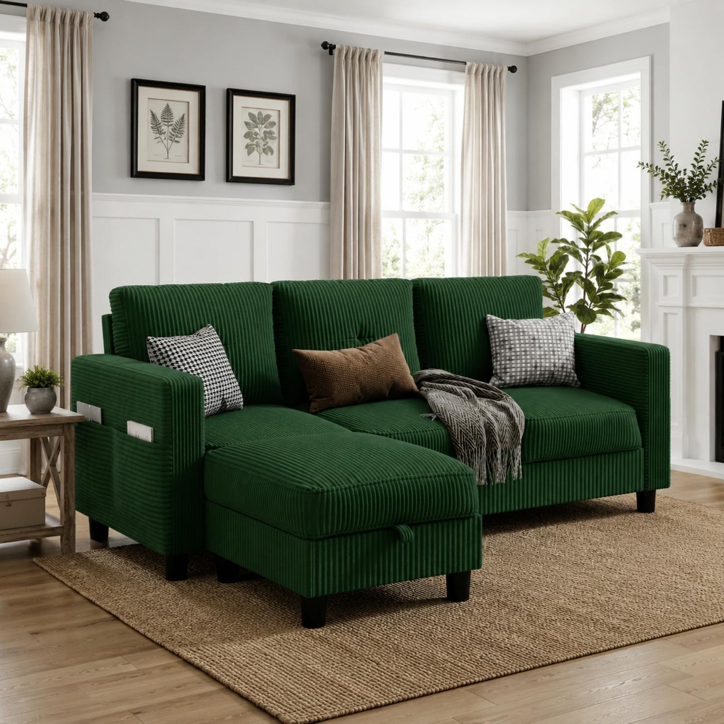 Convertible Sectional Sofa with Storage Ottoman, 77” L-Shaped 3-Seat Couch with Skin-Friendly Corduroy Fabric, Reversible Small Sectional for Small Space, Apartment, Living Room and Office(Green)