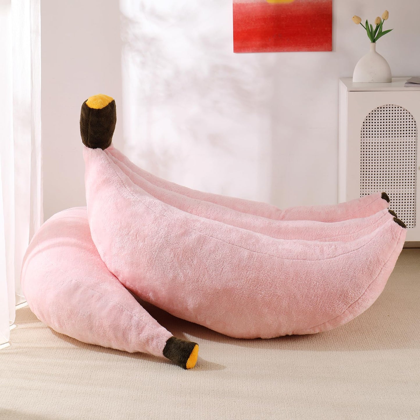 IEVENW Banana Bean Bag Chair with Ottoman, Floor Sofa Bed with Footrest, Comfy Convertible Lounger for Adults, Plush Couch for Bedroom, Living Room or Dorm, L-Pink
