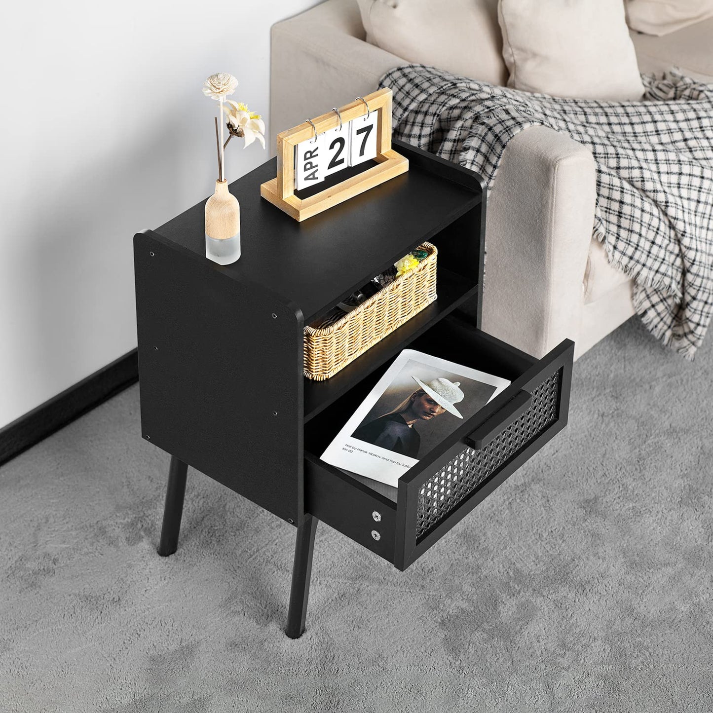 Lerliuo Rattan Nightstands Set of 2, Boho Side Table with Drawer Open Shelf, Cane Accent Bedside End Table with Solid Wood Legs for Bedroom, Dorm and Small Spaces (Black)