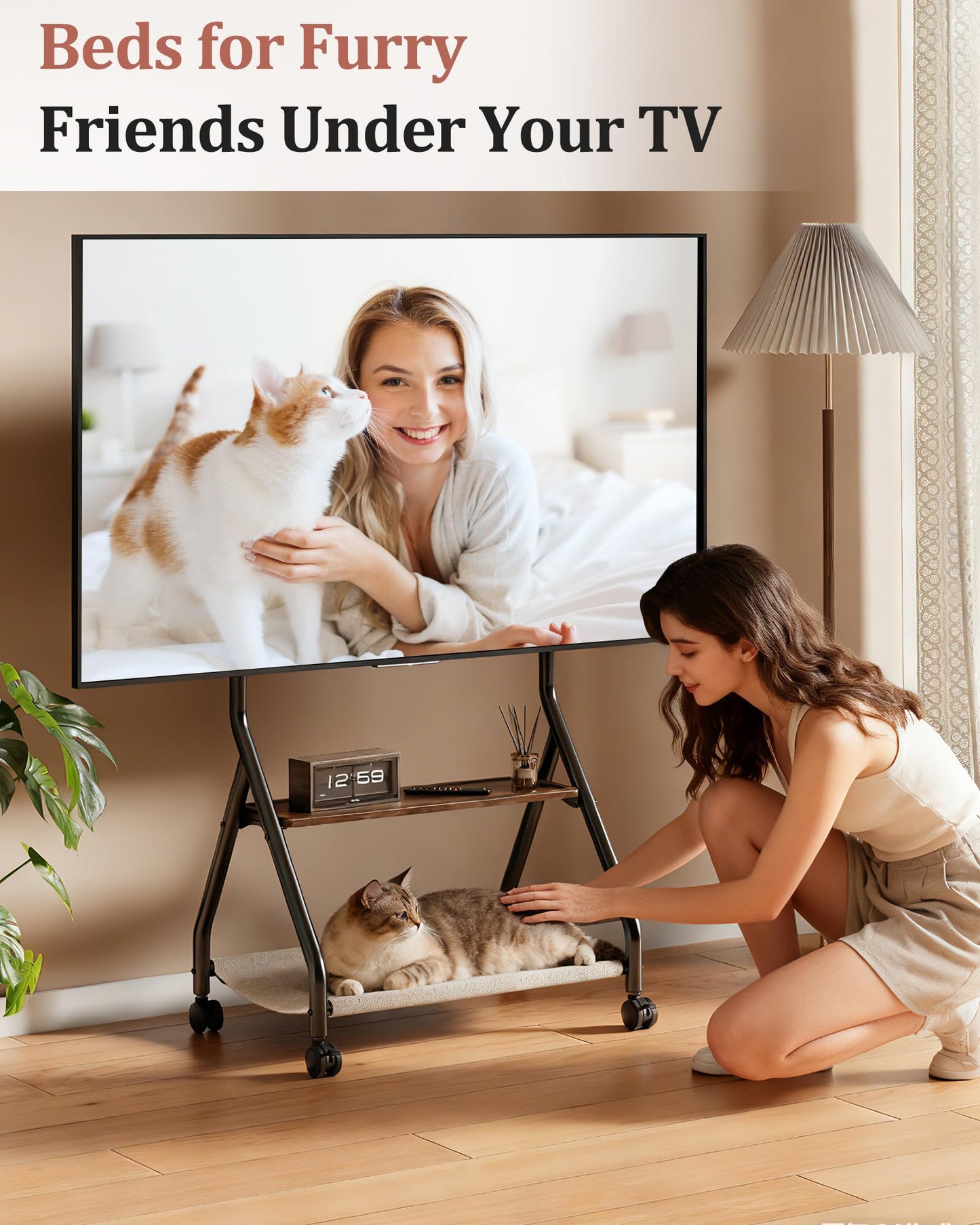 Rolling TV Stand with Cat Hammock for 32–75 Inch LCD LED Flat Curved Screens up to 132 lbs, Mobile TV Cart with Removable Pet Bed, Floor TV Stand with Wheels and Shelves for Living Room (Black)